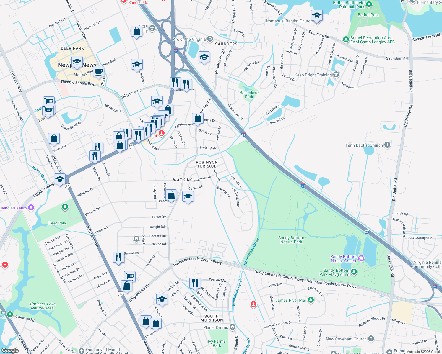 map of restaurants, bars, coffee shops, grocery stores, and more near 648 Kelso Drive in Newport News