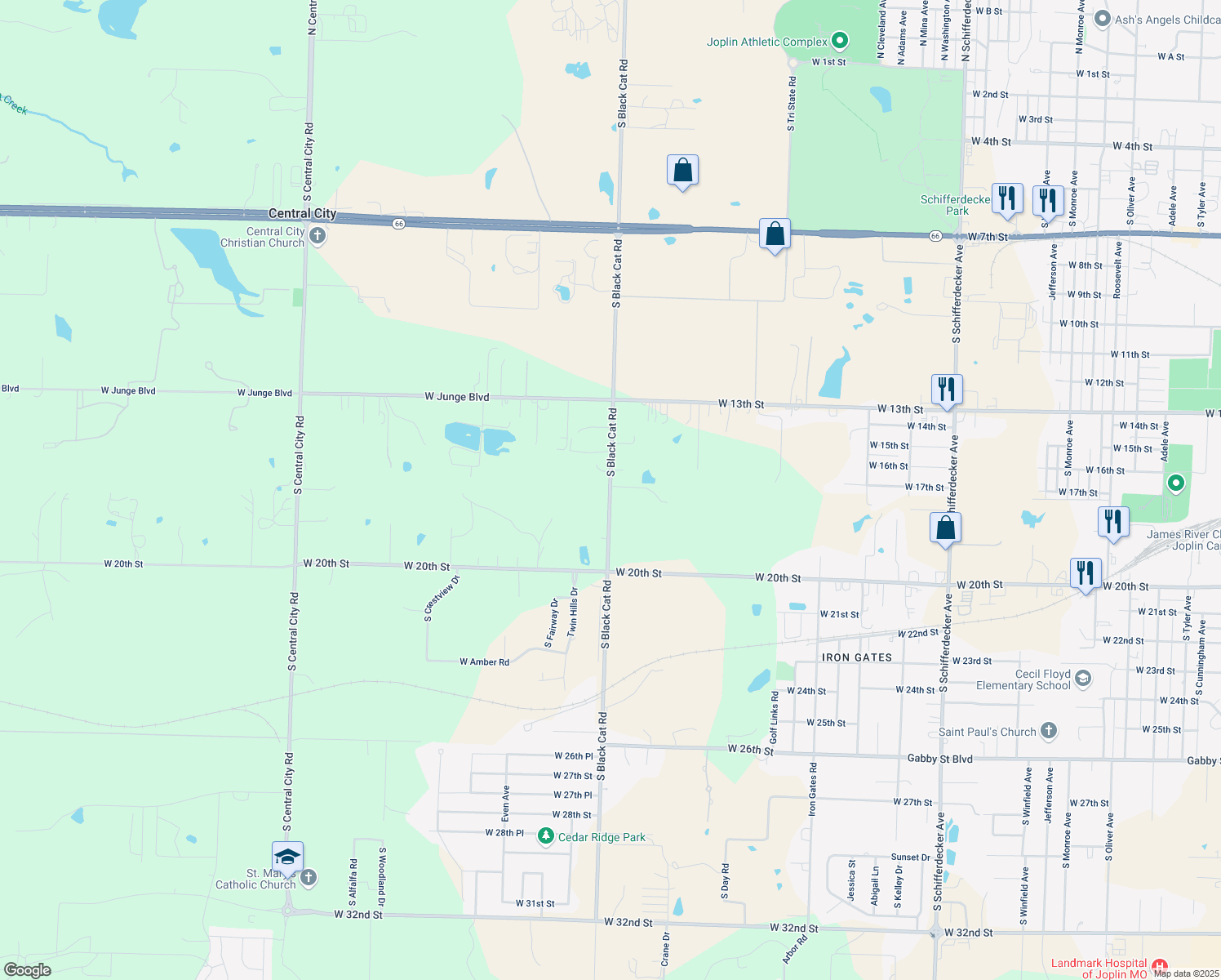 map of restaurants, bars, coffee shops, grocery stores, and more near 1722 S Black Cat Rd in Joplin