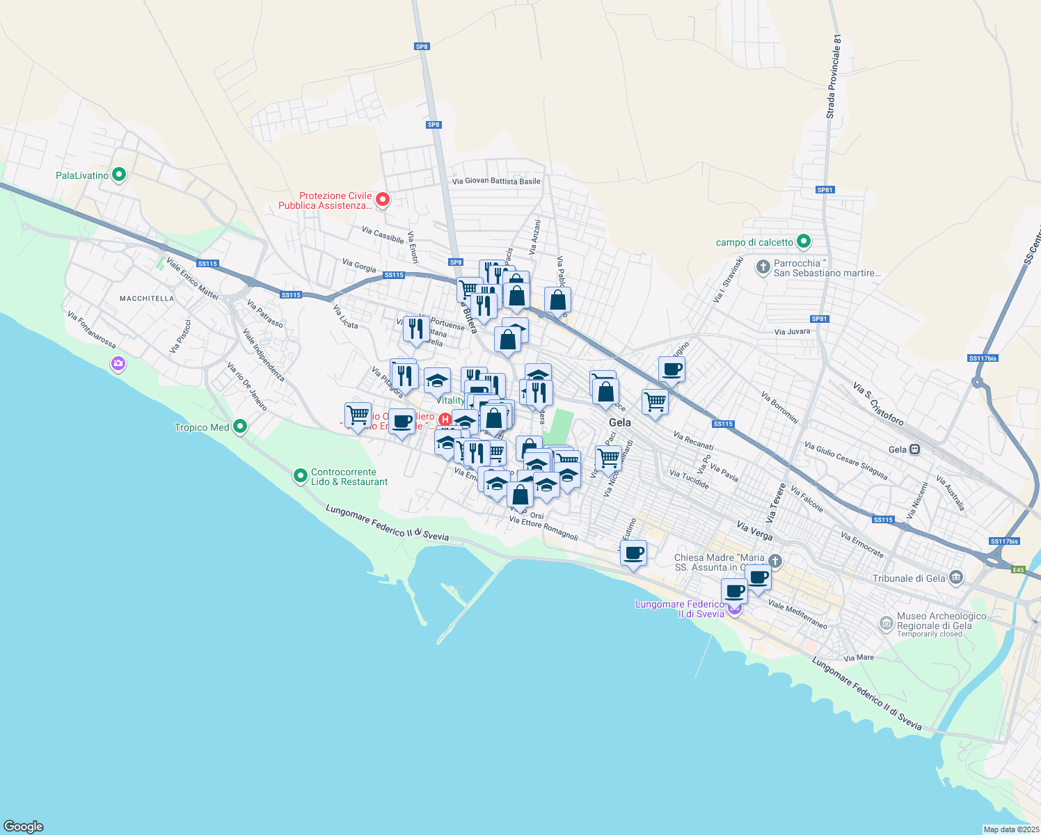 map of restaurants, bars, coffee shops, grocery stores, and more near 58A Via Cicerone in Gela