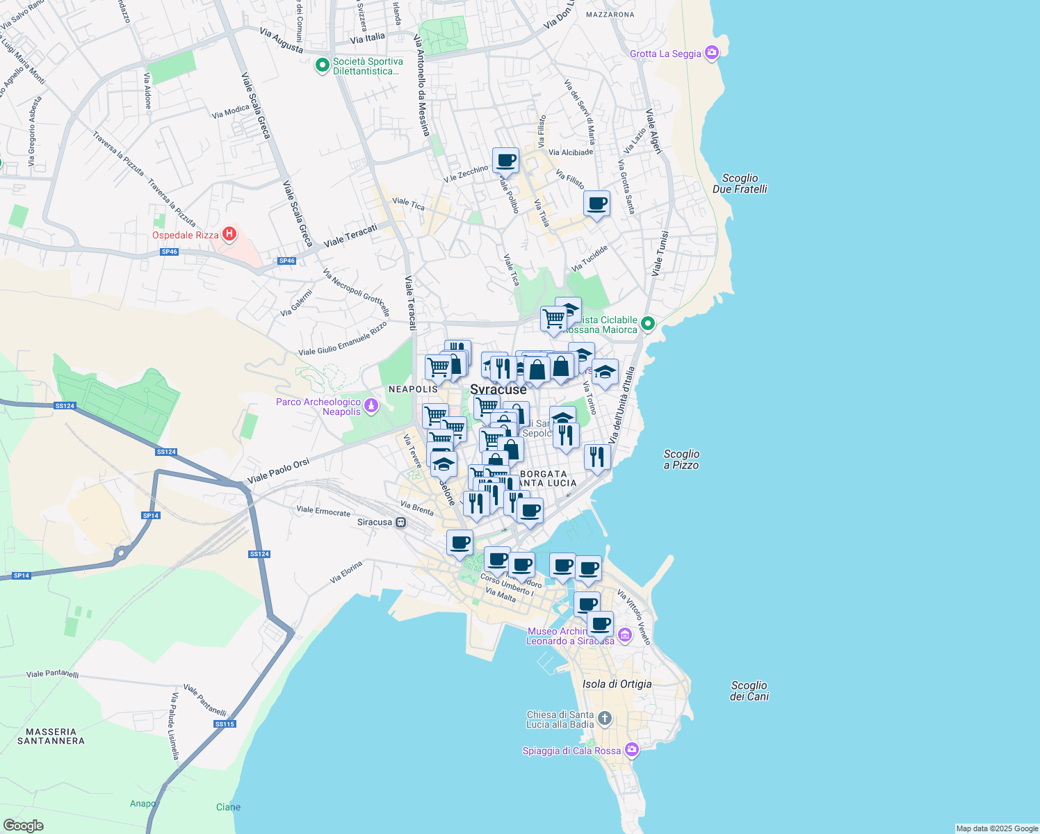 map of restaurants, bars, coffee shops, grocery stores, and more near 163 Via Bainsizza in Siracusa