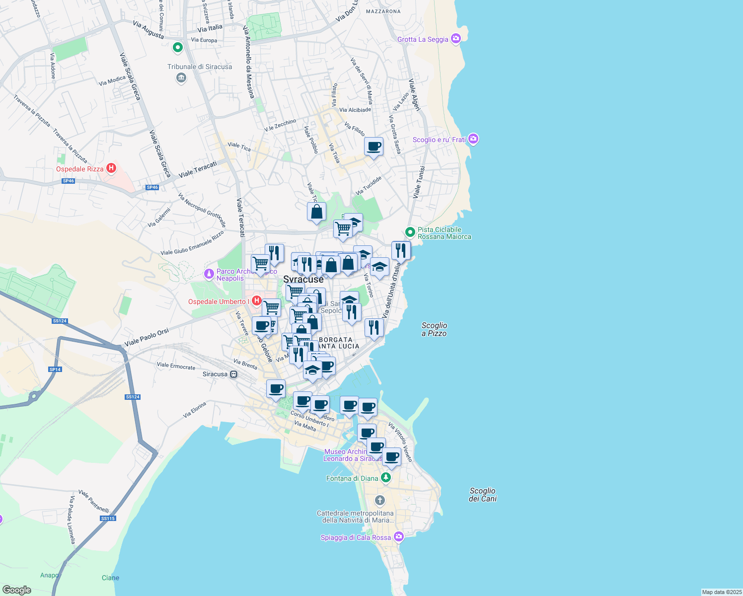 map of restaurants, bars, coffee shops, grocery stores, and more near 25 Via Torino in Siracusa