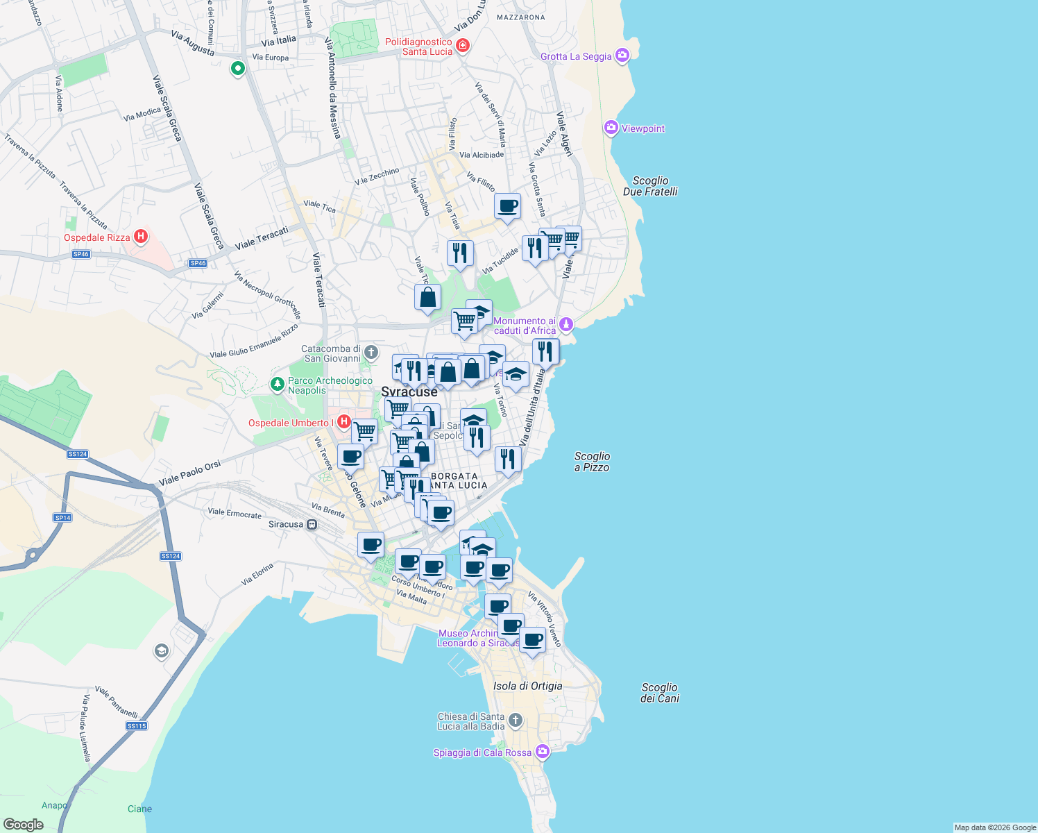 map of restaurants, bars, coffee shops, grocery stores, and more near Via dell'Unità d'Italia in Syracuse
