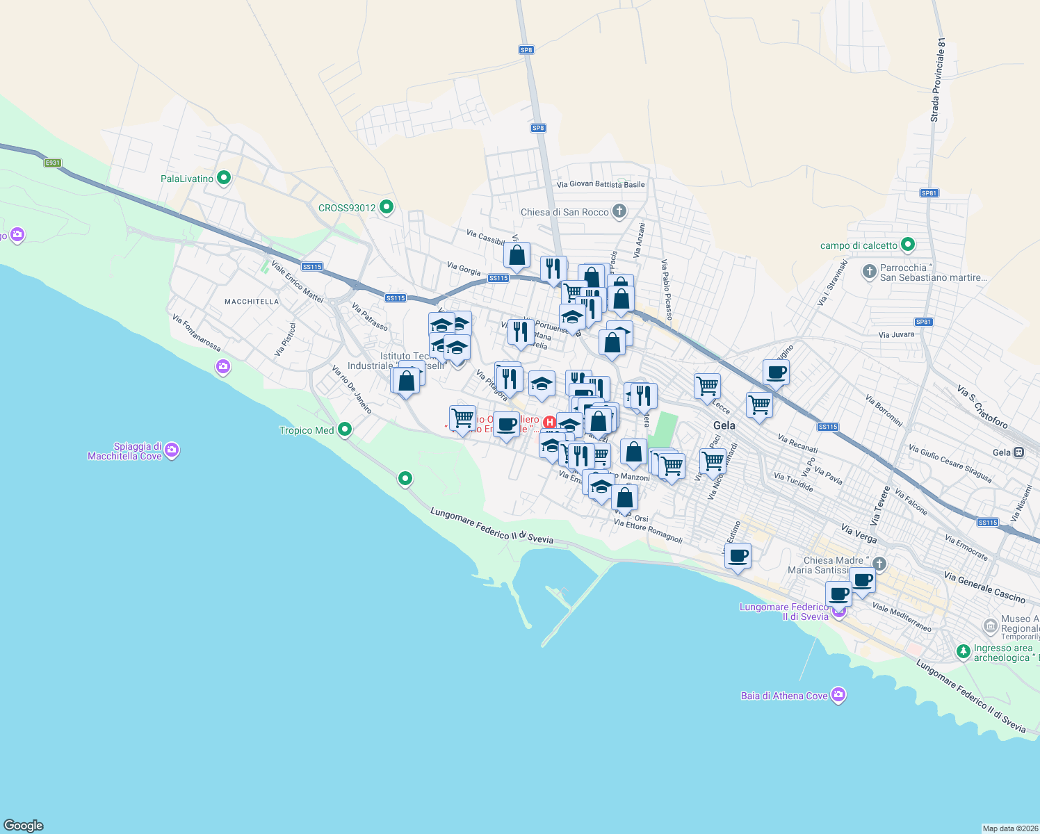map of restaurants, bars, coffee shops, grocery stores, and more near 205 Via Palazzi in Gela