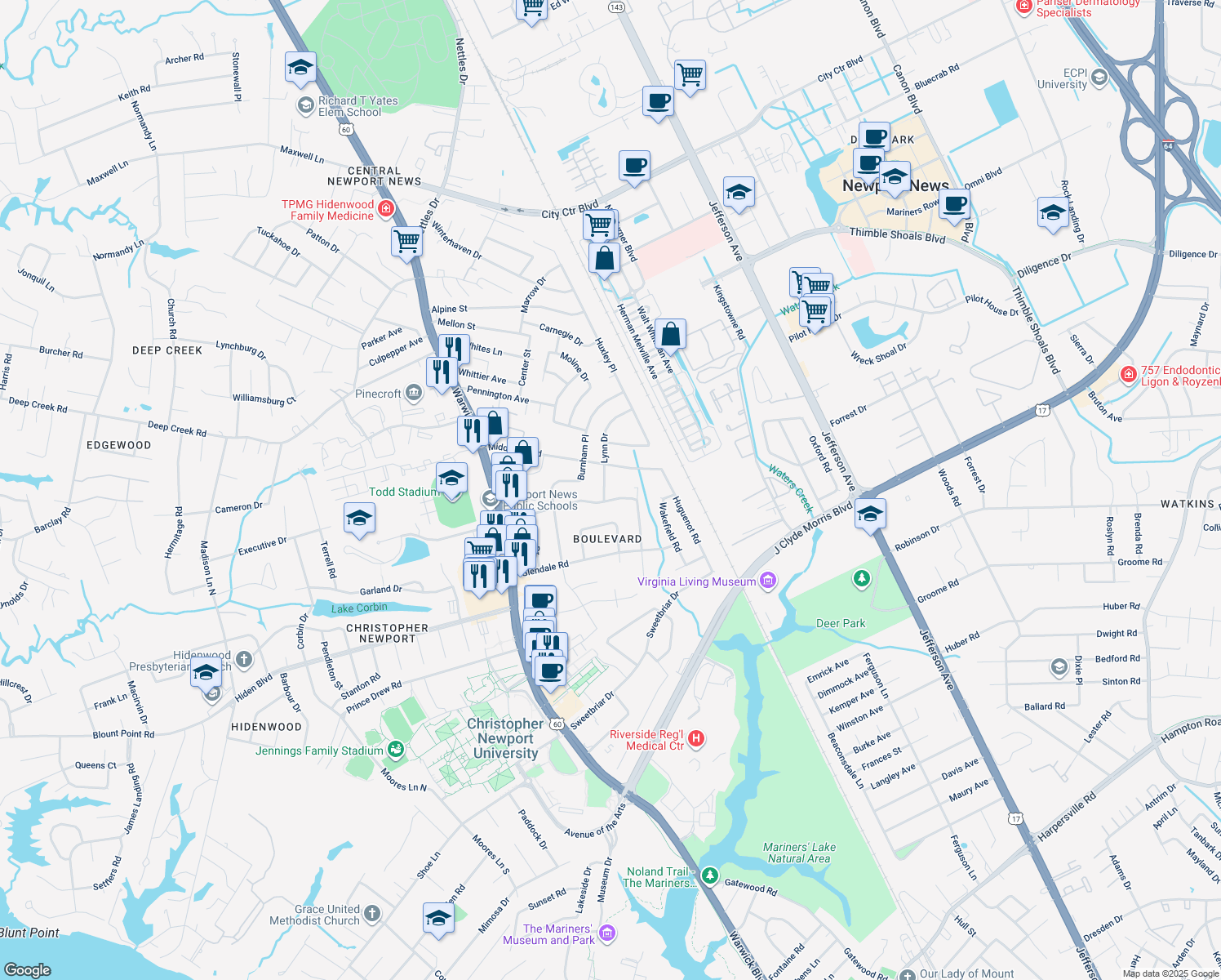 map of restaurants, bars, coffee shops, grocery stores, and more near 4 Lynn Drive in Newport News