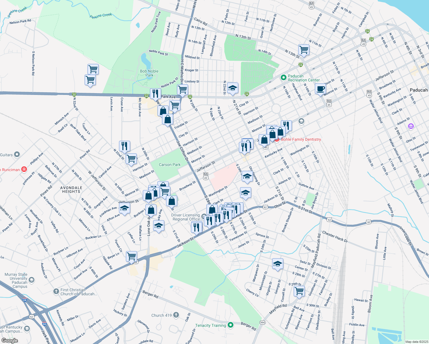 map of restaurants, bars, coffee shops, grocery stores, and more near 2620 Broadway Street in Paducah
