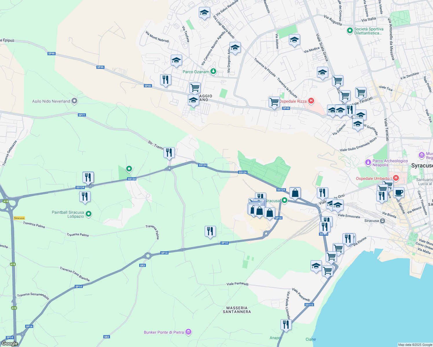 map of restaurants, bars, coffee shops, grocery stores, and more near 119 Viale Ermocrate in Siracusa