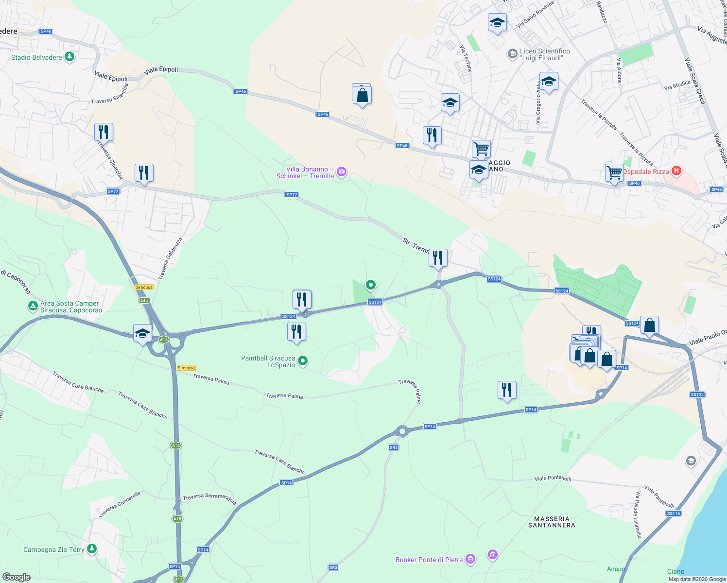 map of restaurants, bars, coffee shops, grocery stores, and more near 27 Via per Floridia in Libero consorzio comunale di Siracusa