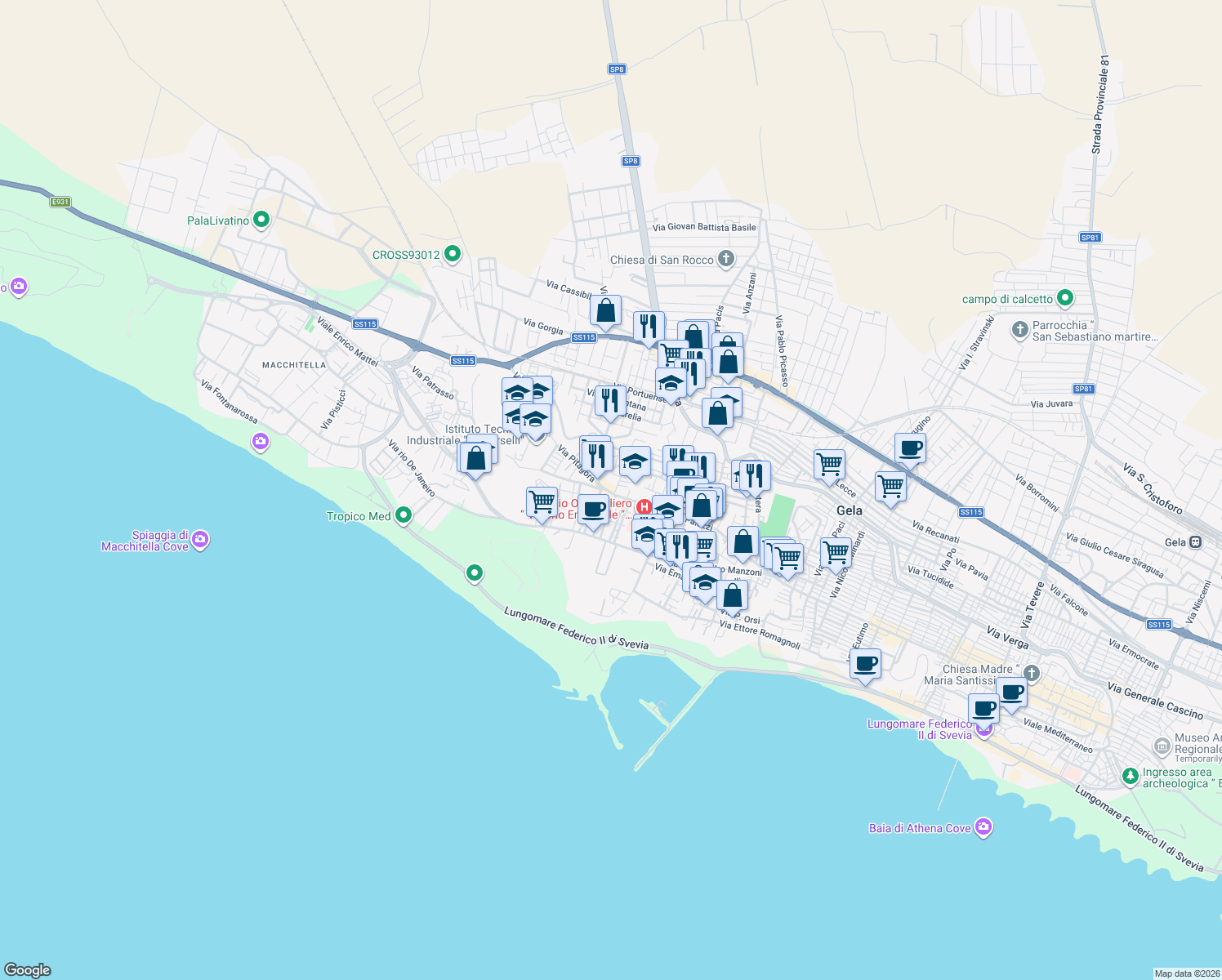 map of restaurants, bars, coffee shops, grocery stores, and more near 205 Via Palazzi in Gela