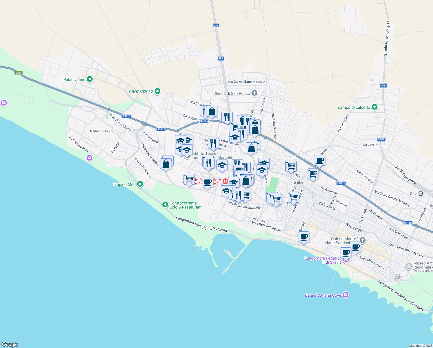 map of restaurants, bars, coffee shops, grocery stores, and more near 90 Via Tigellino in Gela