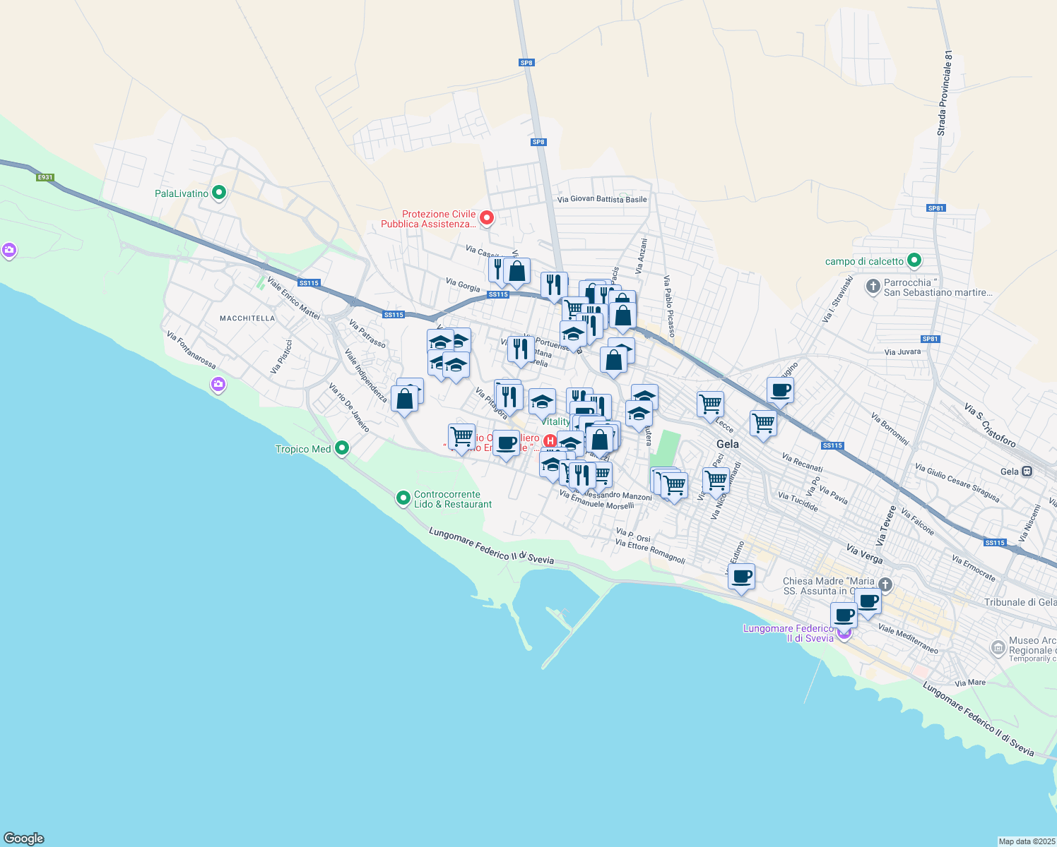 map of restaurants, bars, coffee shops, grocery stores, and more near 90 Via Tigellino in Gela