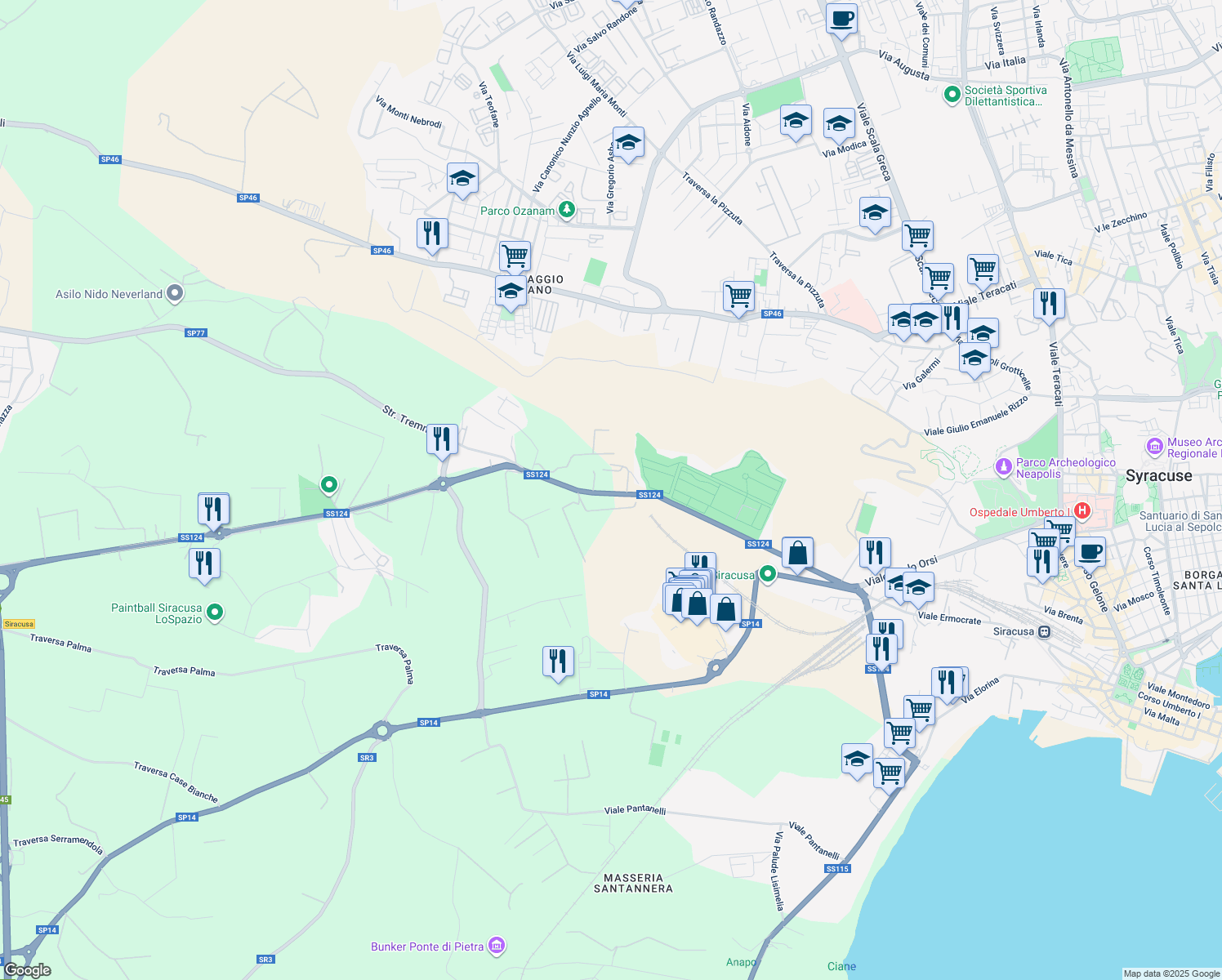 map of restaurants, bars, coffee shops, grocery stores, and more near 119 Viale Ermocrate in Siracusa