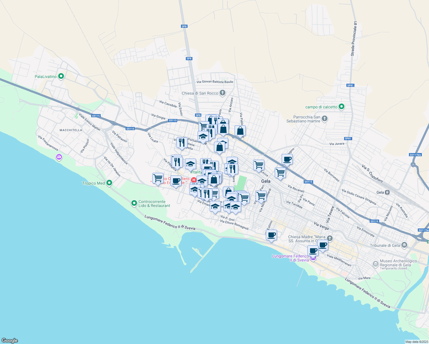 map of restaurants, bars, coffee shops, grocery stores, and more near 30 Via Damaggio Navarra in Gela