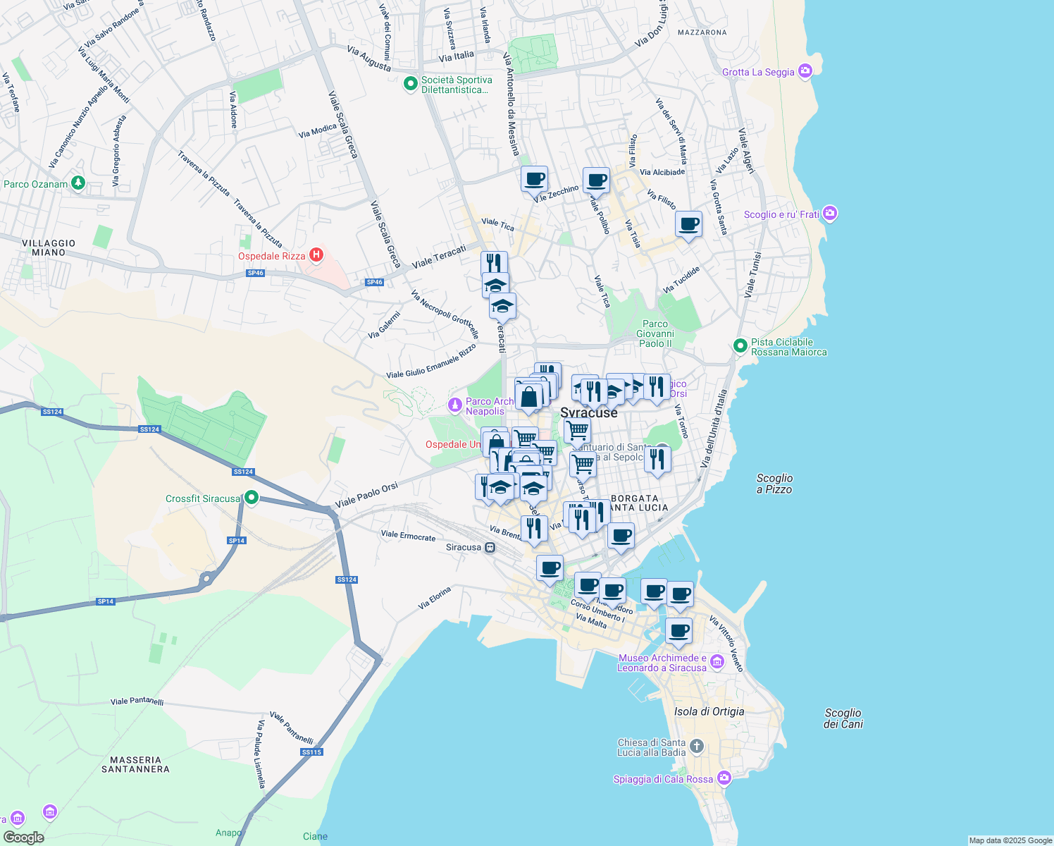 map of restaurants, bars, coffee shops, grocery stores, and more near in Siracusa