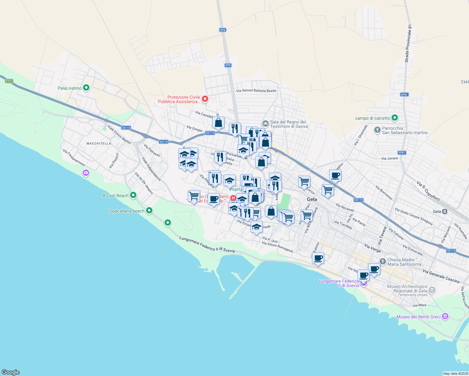 map of restaurants, bars, coffee shops, grocery stores, and more near 69 Via Sallustio in Gela