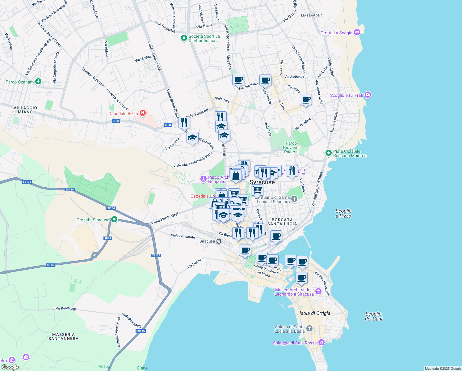 map of restaurants, bars, coffee shops, grocery stores, and more near 149 Viale Teocrito in Syracuse