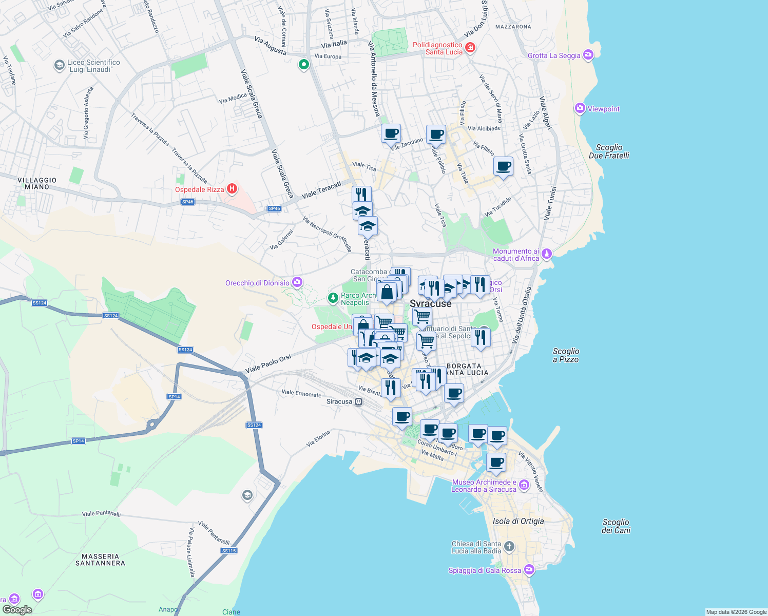 map of restaurants, bars, coffee shops, grocery stores, and more near in Siracusa