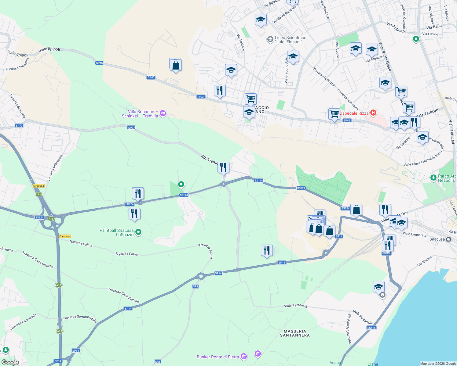 map of restaurants, bars, coffee shops, grocery stores, and more near 20 Via per Floridia in Siracusa