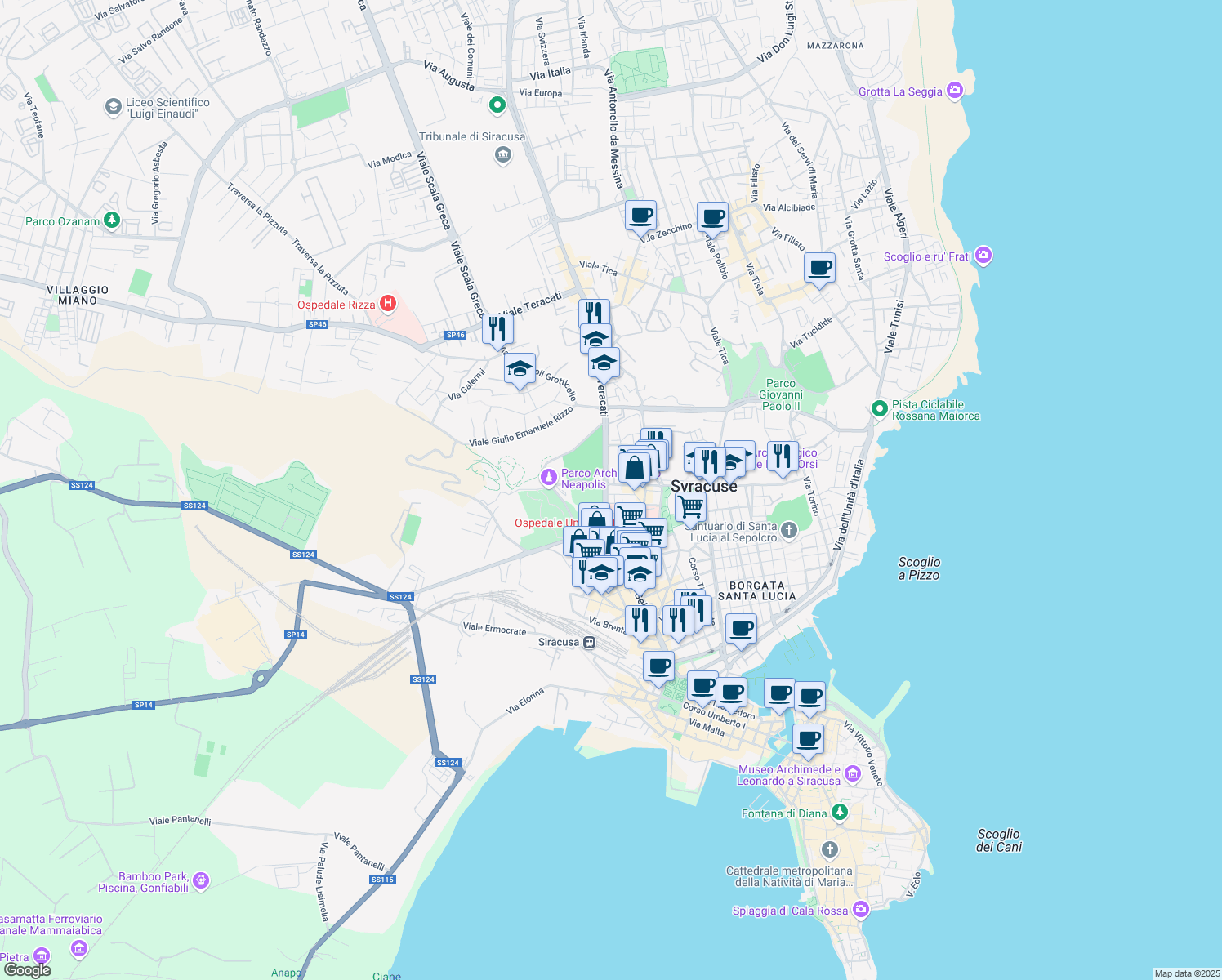 map of restaurants, bars, coffee shops, grocery stores, and more near 149 Viale Teocrito in Syracuse