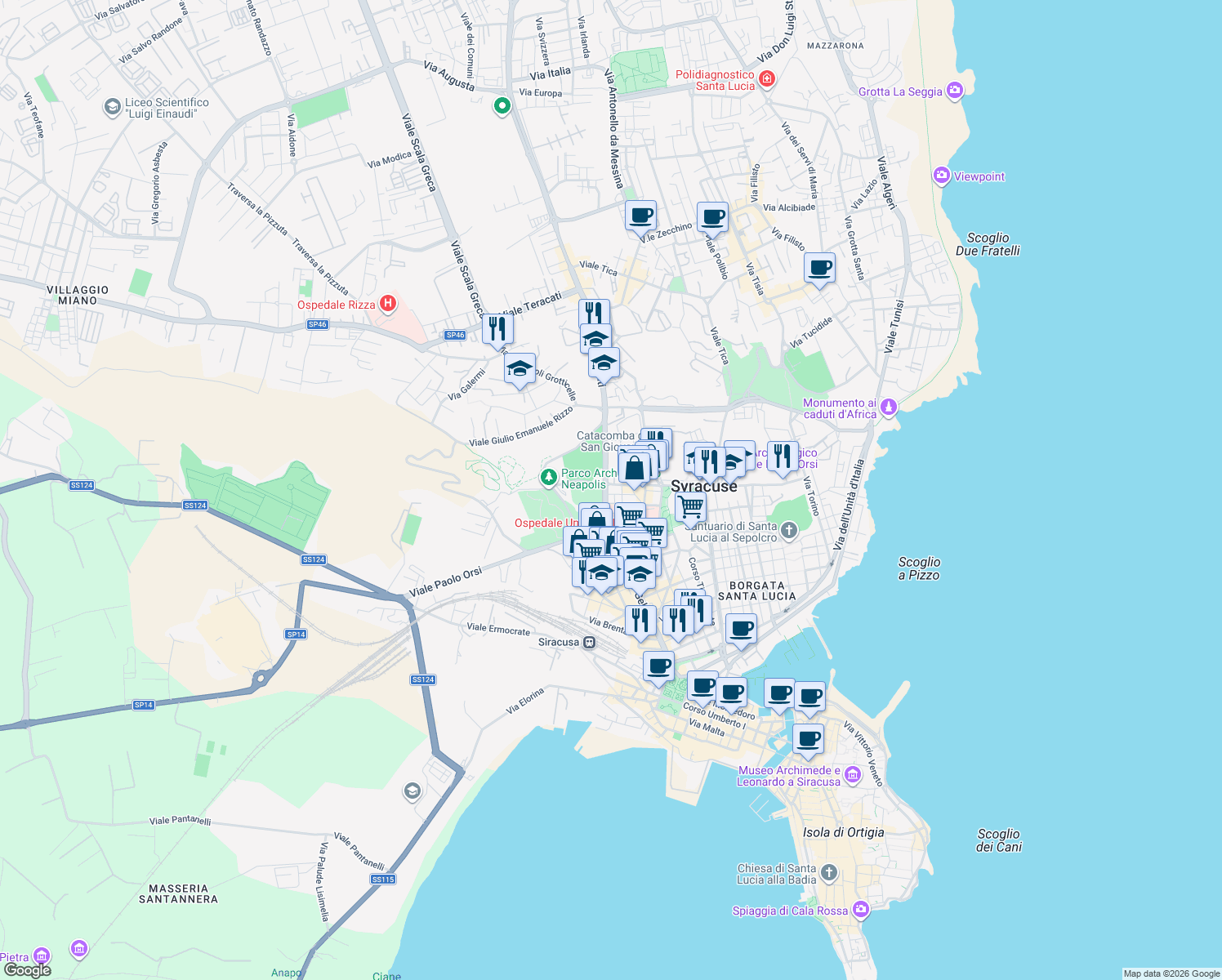 map of restaurants, bars, coffee shops, grocery stores, and more near 143 Viale Teocrito in Siracusa
