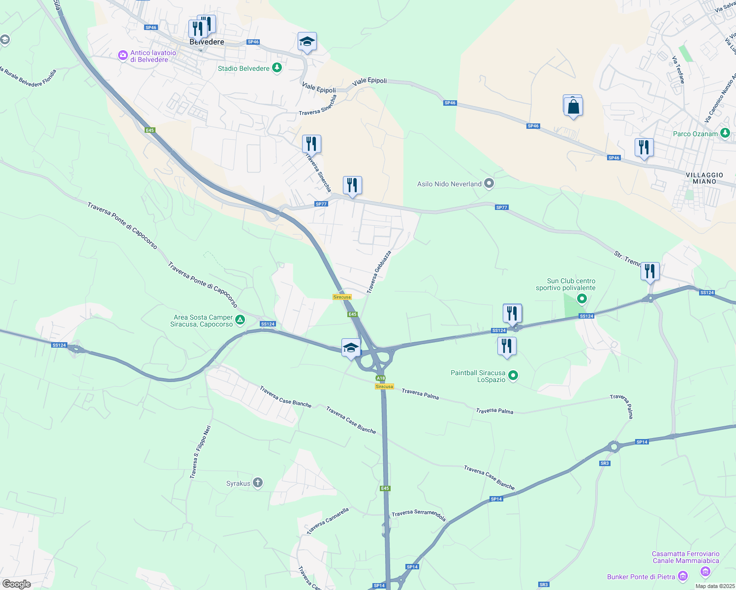 map of restaurants, bars, coffee shops, grocery stores, and more near 25 Traversa Gebbiazza in Libero consorzio comunale di Siracusa