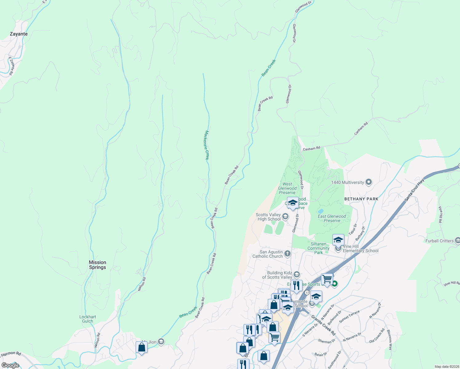 map of restaurants, bars, coffee shops, grocery stores, and more near 2538 Bean Creek Rd in Scotts Valley