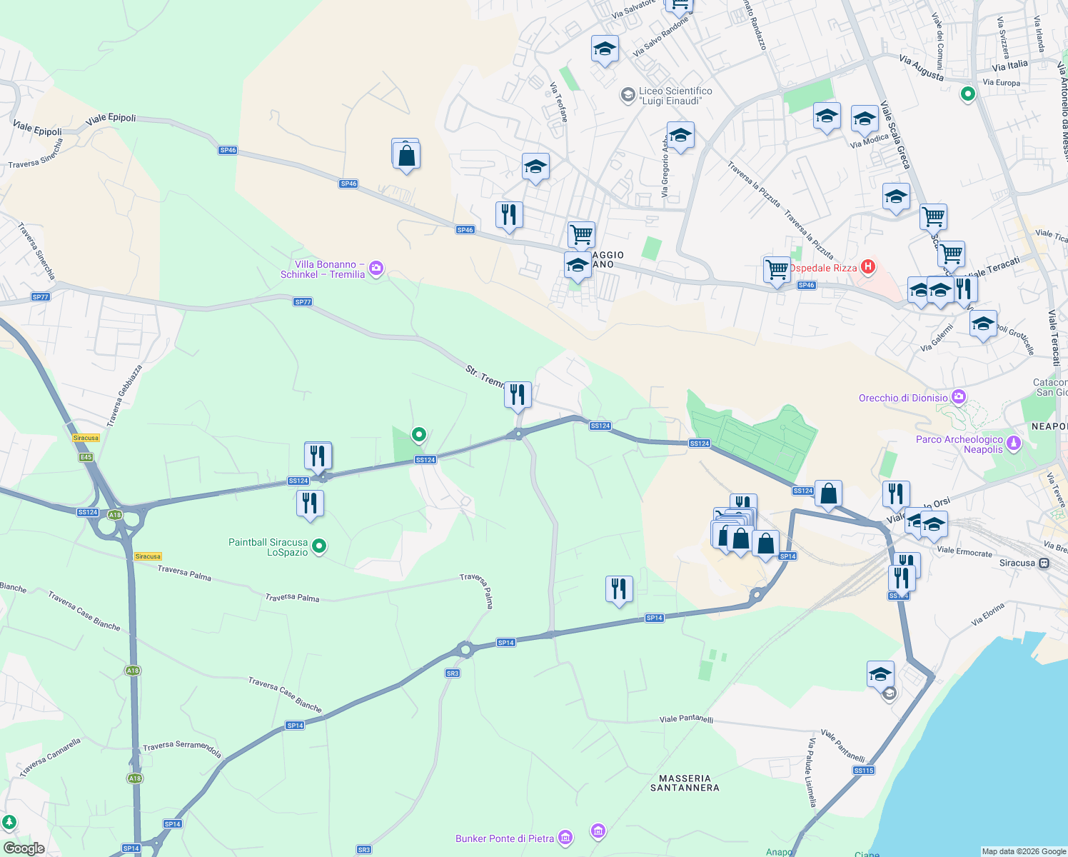 map of restaurants, bars, coffee shops, grocery stores, and more near 20 Via per Floridia in Siracusa