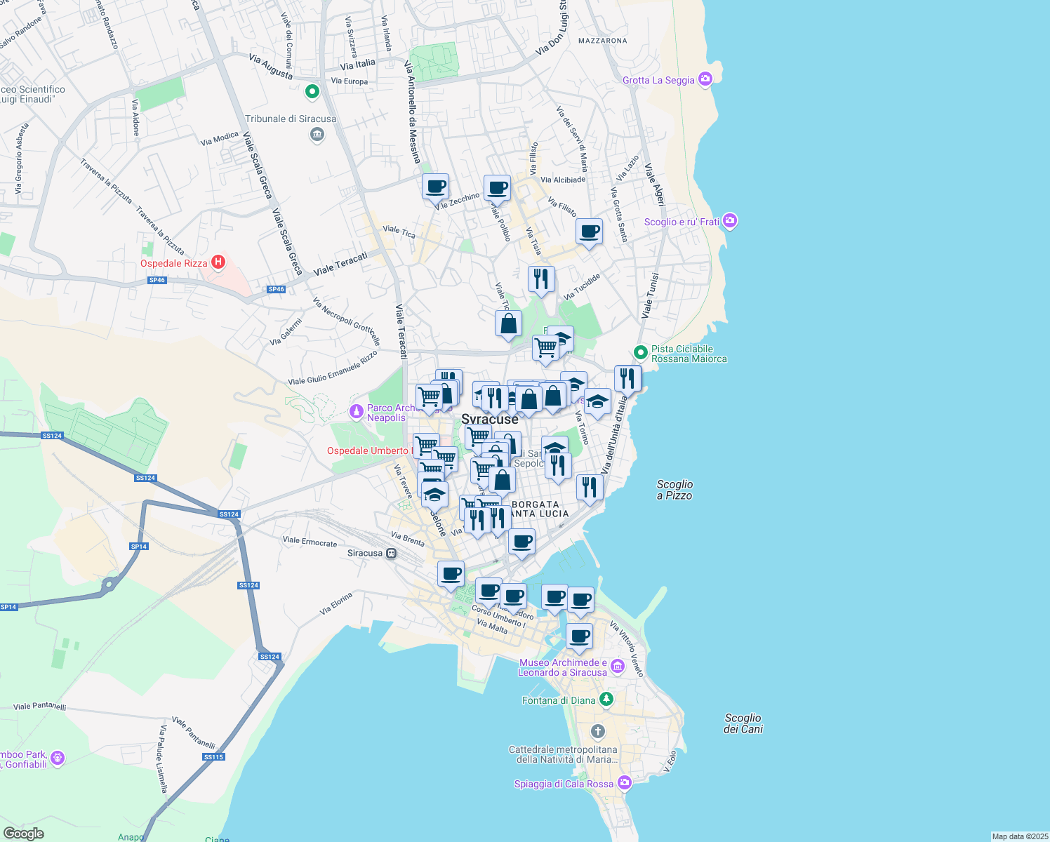map of restaurants, bars, coffee shops, grocery stores, and more near 38 Viale Teocrito in Syracuse