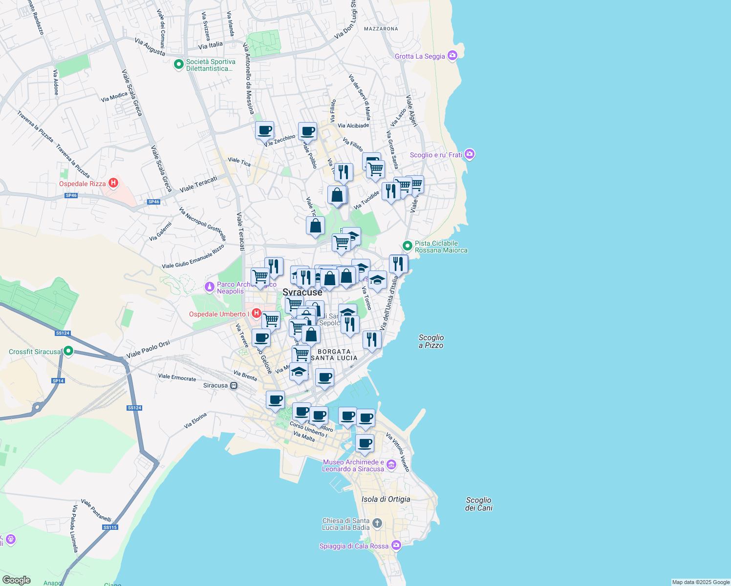 map of restaurants, bars, coffee shops, grocery stores, and more near 61 Via Milano in Siracusa