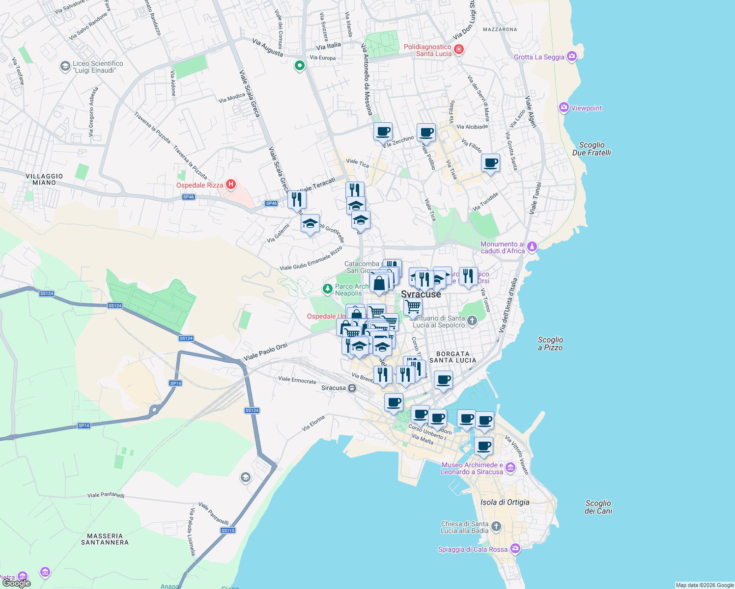 map of restaurants, bars, coffee shops, grocery stores, and more near 143 Viale Teocrito in Siracusa