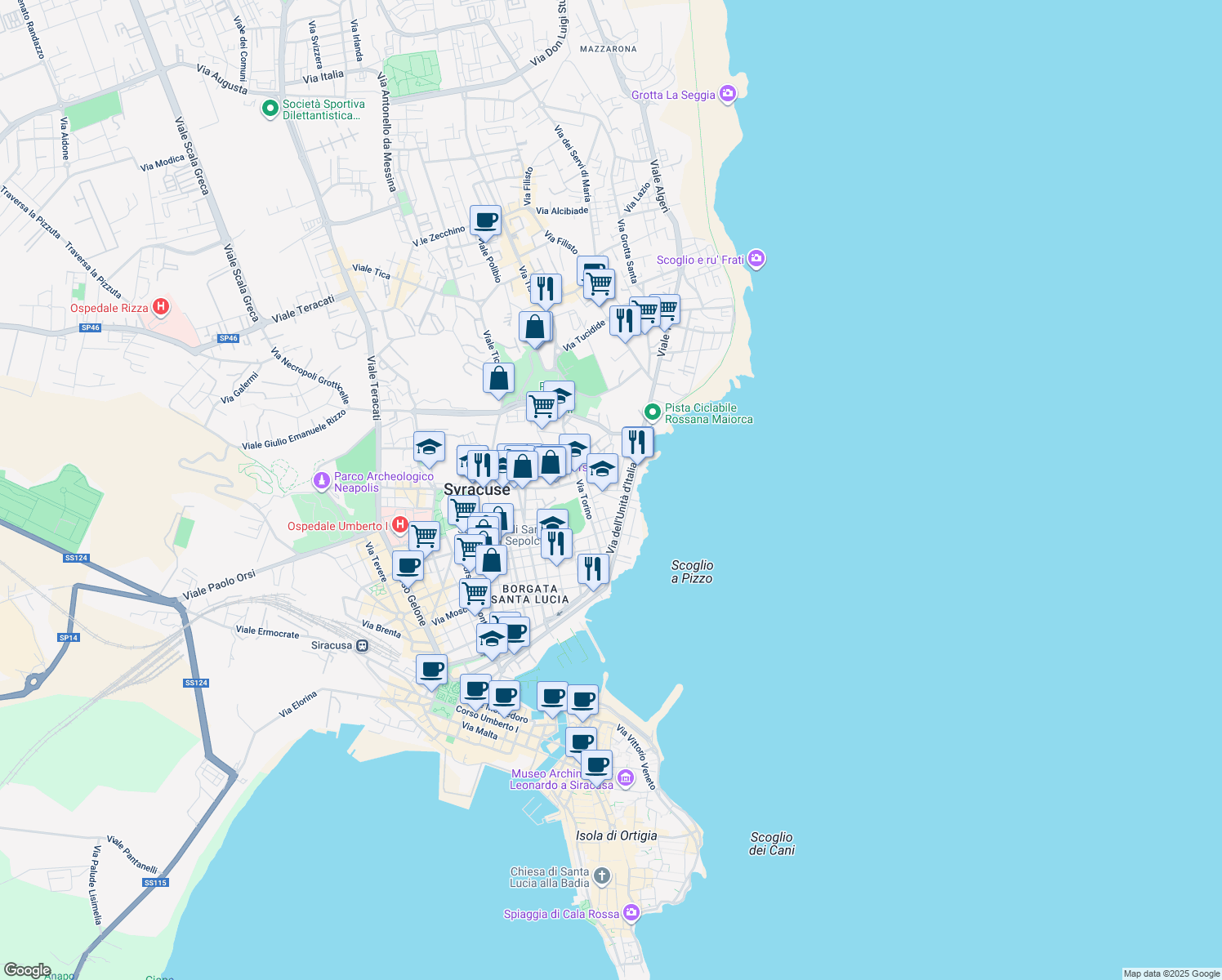 map of restaurants, bars, coffee shops, grocery stores, and more near 20 Via Bologna in Syracuse