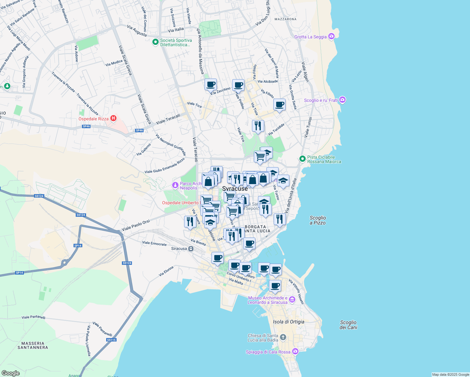 map of restaurants, bars, coffee shops, grocery stores, and more near in Syracuse