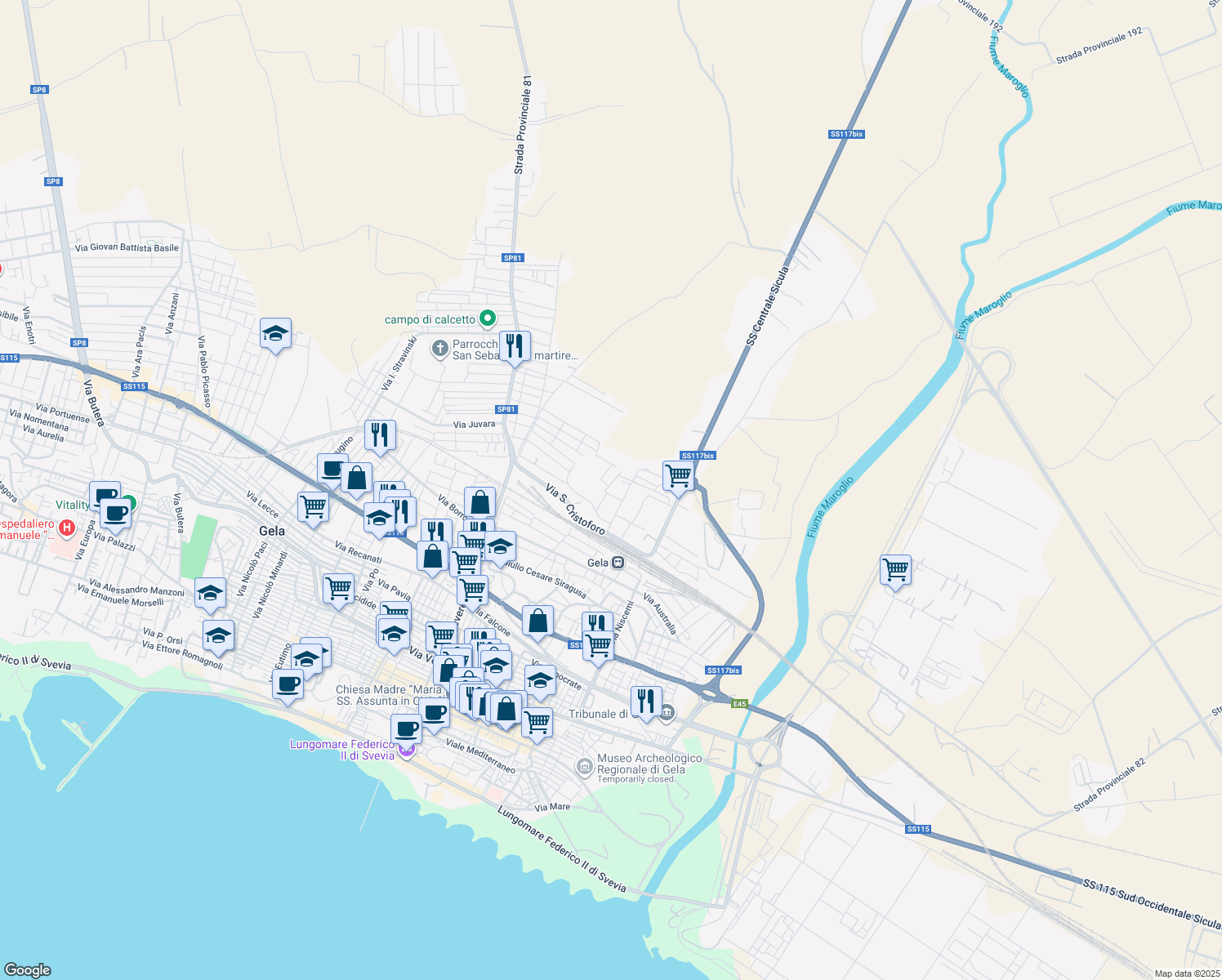 map of restaurants, bars, coffee shops, grocery stores, and more near 18 Via Enrico Artigiani in Gela