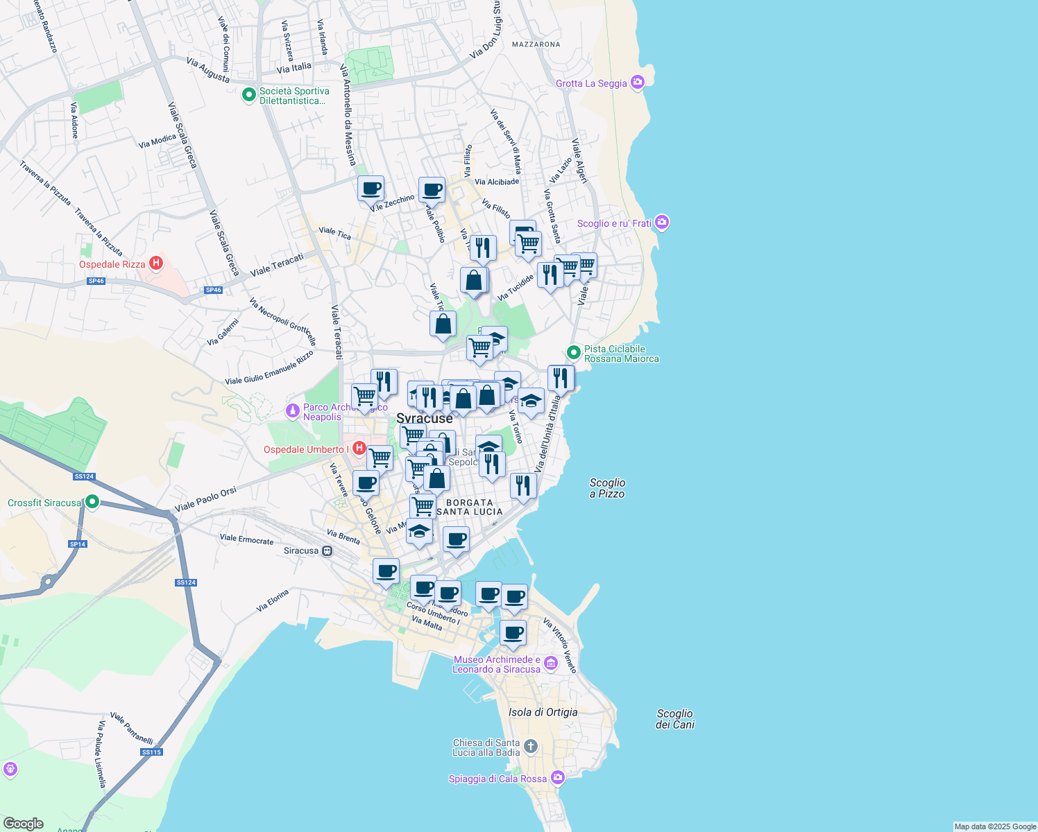 map of restaurants, bars, coffee shops, grocery stores, and more near 61 Via Milano in Siracusa