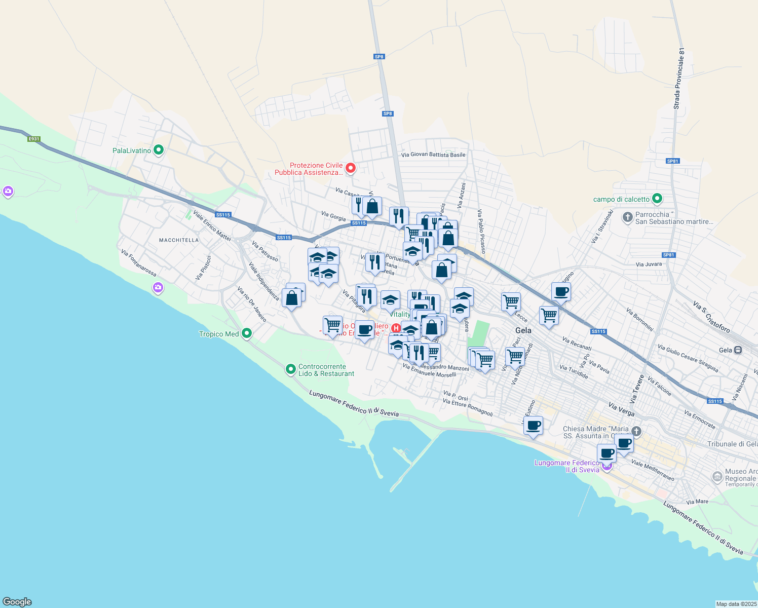 map of restaurants, bars, coffee shops, grocery stores, and more near 90 Via Tigellino in Gela
