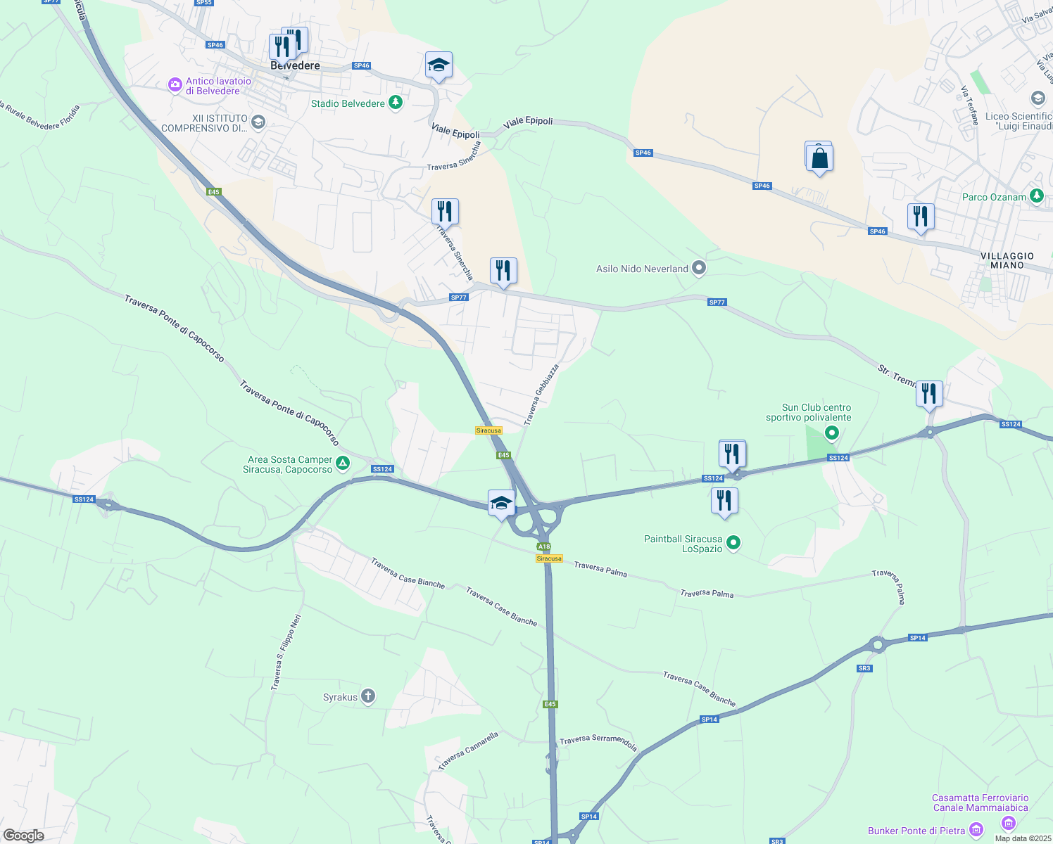 map of restaurants, bars, coffee shops, grocery stores, and more near 25 Traversa Gebbiazza in Libero consorzio comunale di Siracusa