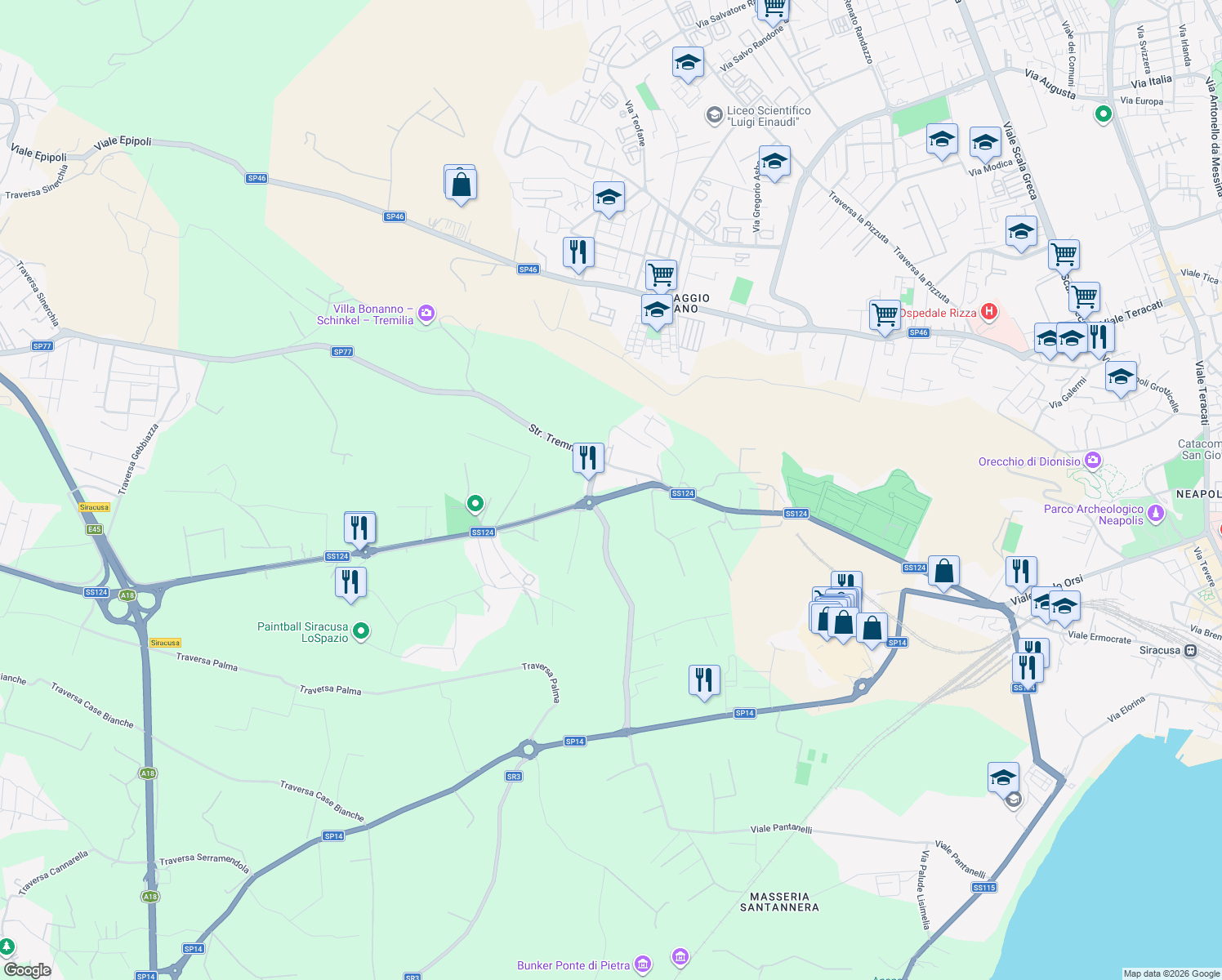 map of restaurants, bars, coffee shops, grocery stores, and more near 20 Via per Floridia in Siracusa