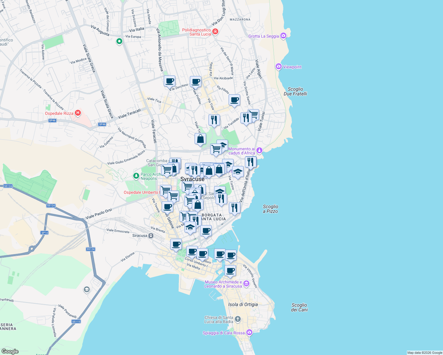 map of restaurants, bars, coffee shops, grocery stores, and more near 32 Viale Teocrito in Siracusa