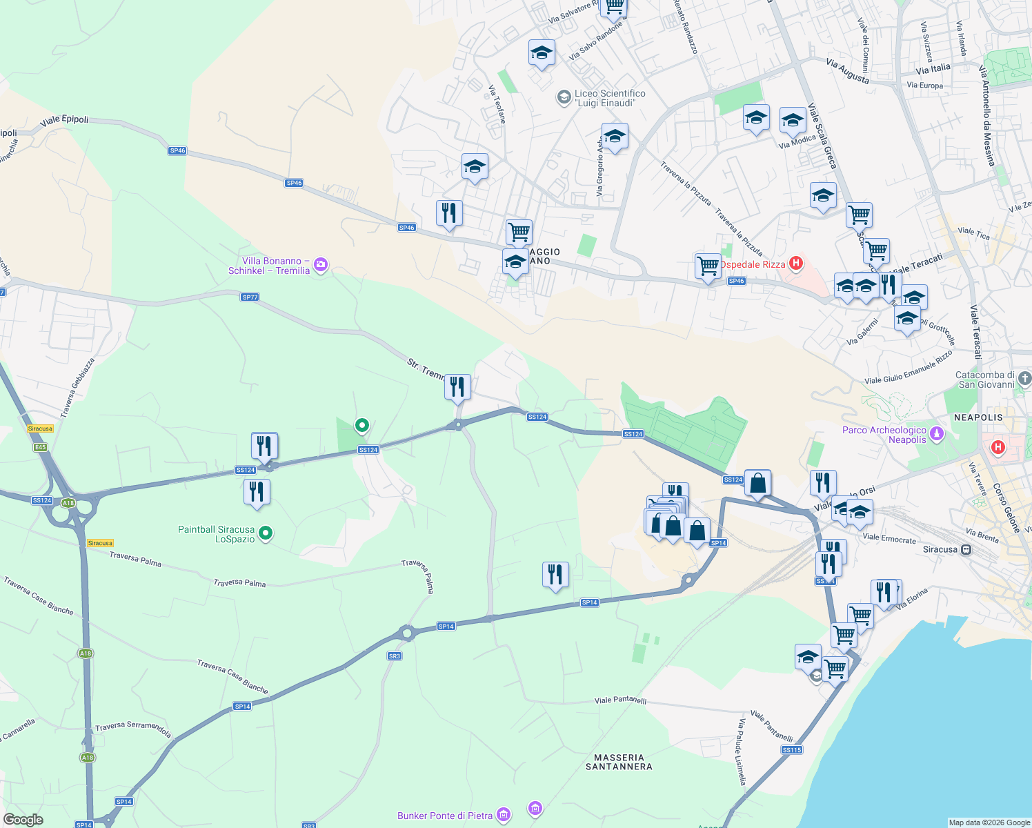 map of restaurants, bars, coffee shops, grocery stores, and more near Via per Floridia in Province of Syracuse