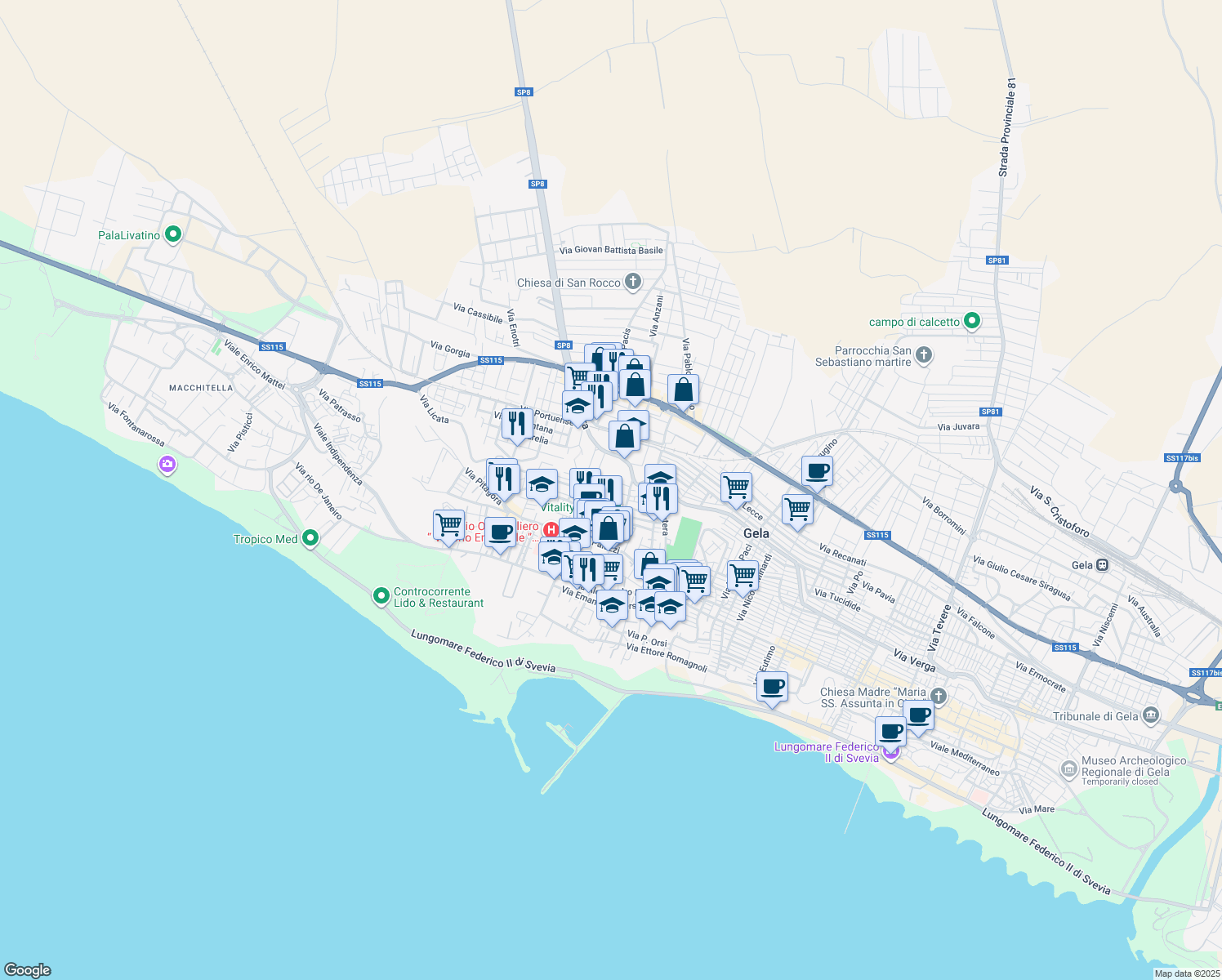 map of restaurants, bars, coffee shops, grocery stores, and more near 30 Via Damaggio Navarra in Gela