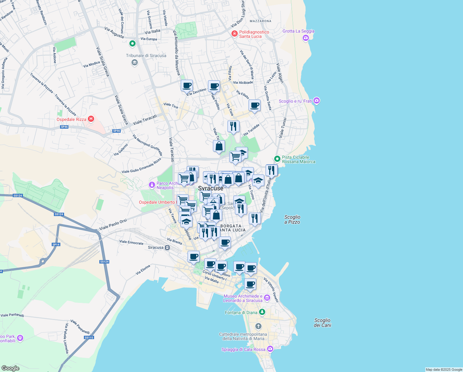 map of restaurants, bars, coffee shops, grocery stores, and more near 38 Viale Teocrito in Siracusa