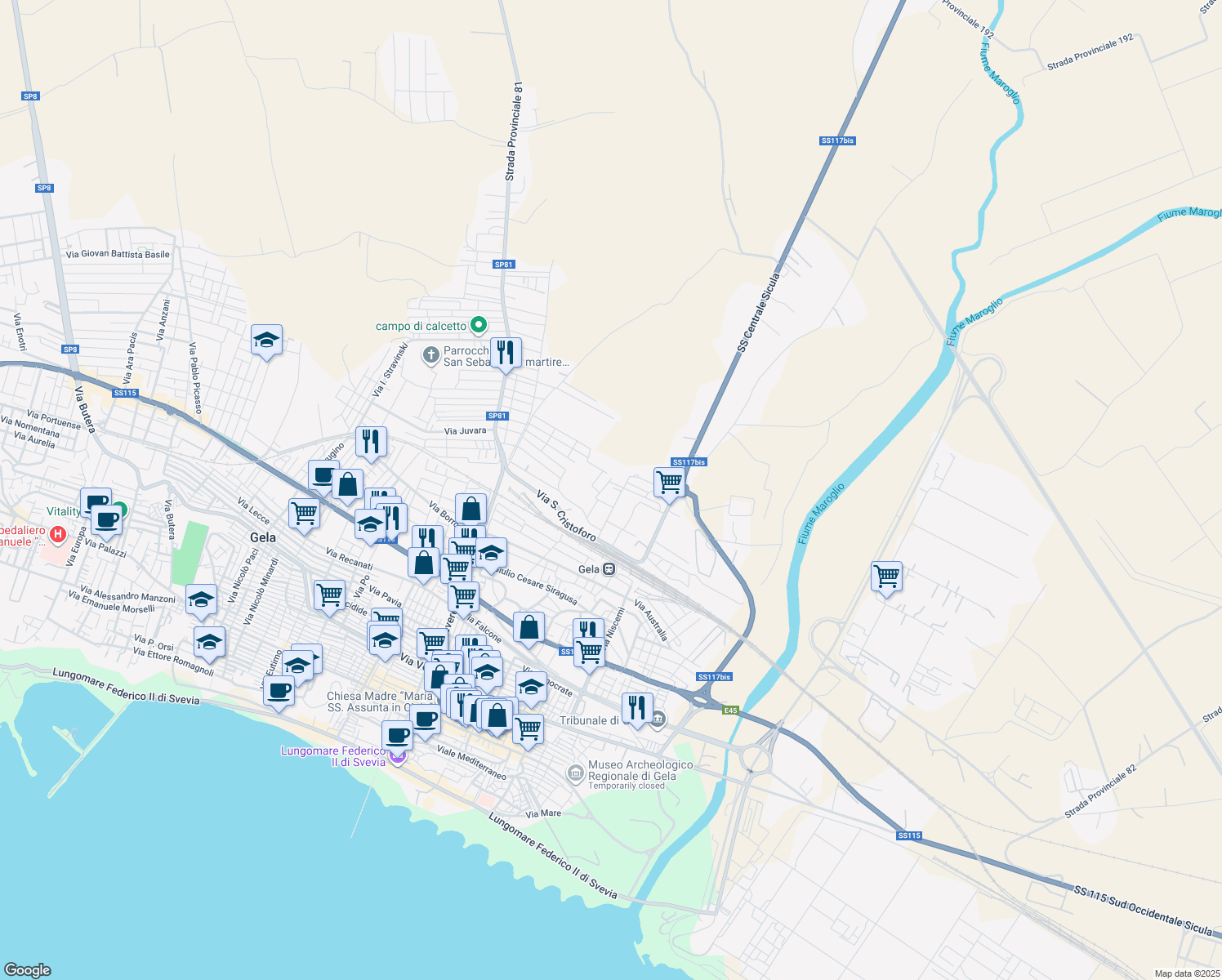 map of restaurants, bars, coffee shops, grocery stores, and more near 18 Via Enrico Artigiani in Gela