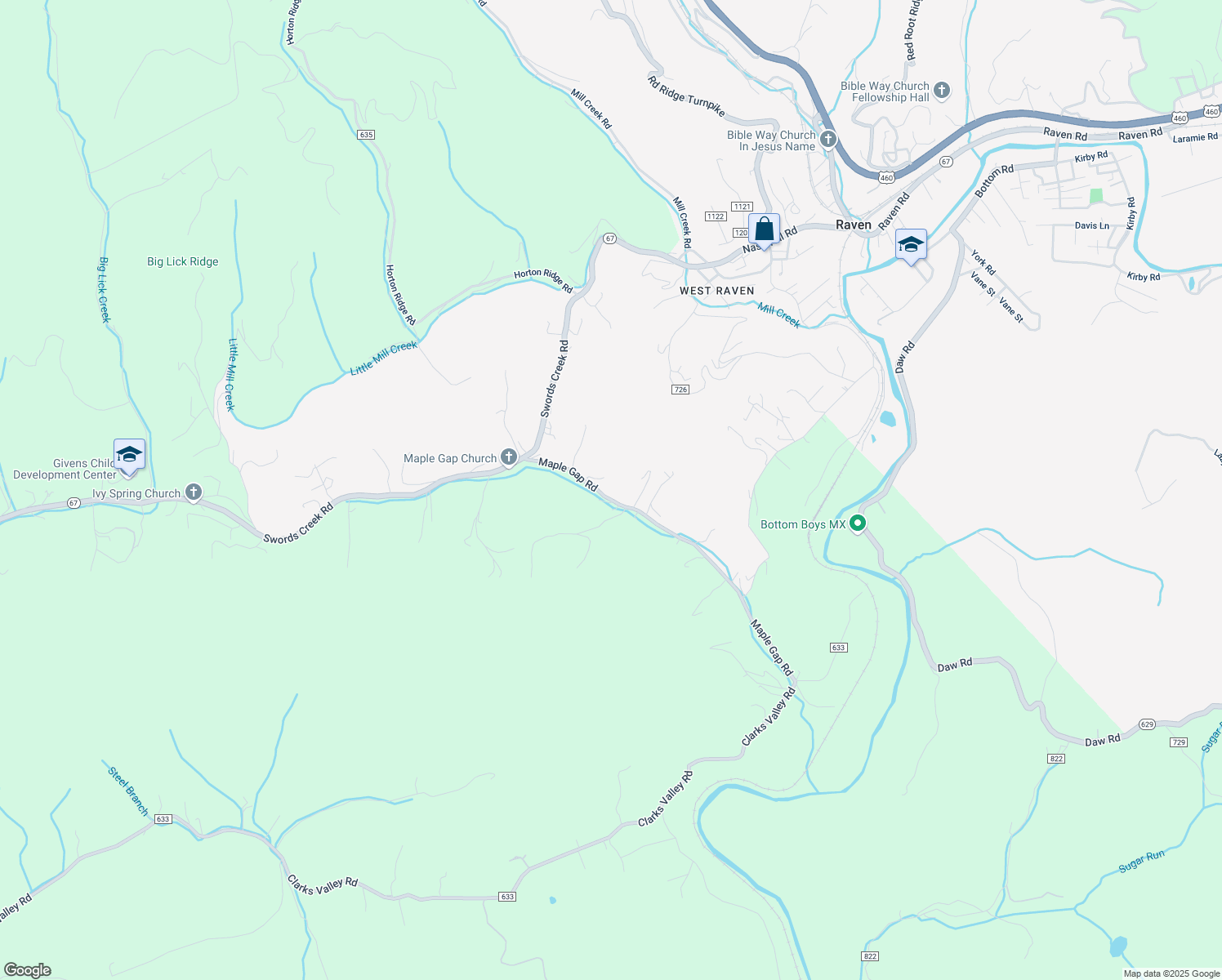 map of restaurants, bars, coffee shops, grocery stores, and more near County Road 635 in Raven