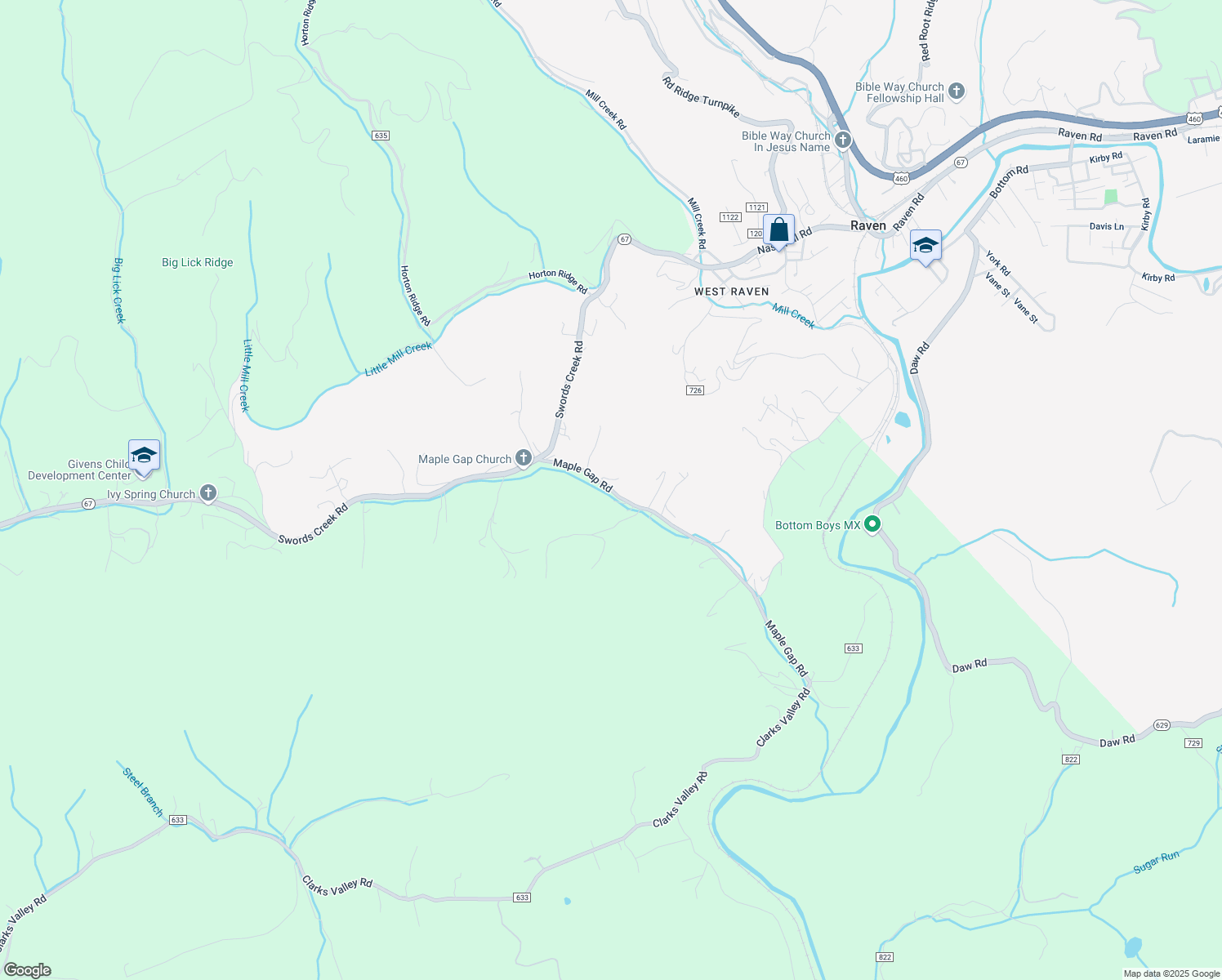 map of restaurants, bars, coffee shops, grocery stores, and more near County Road 635 in Raven
