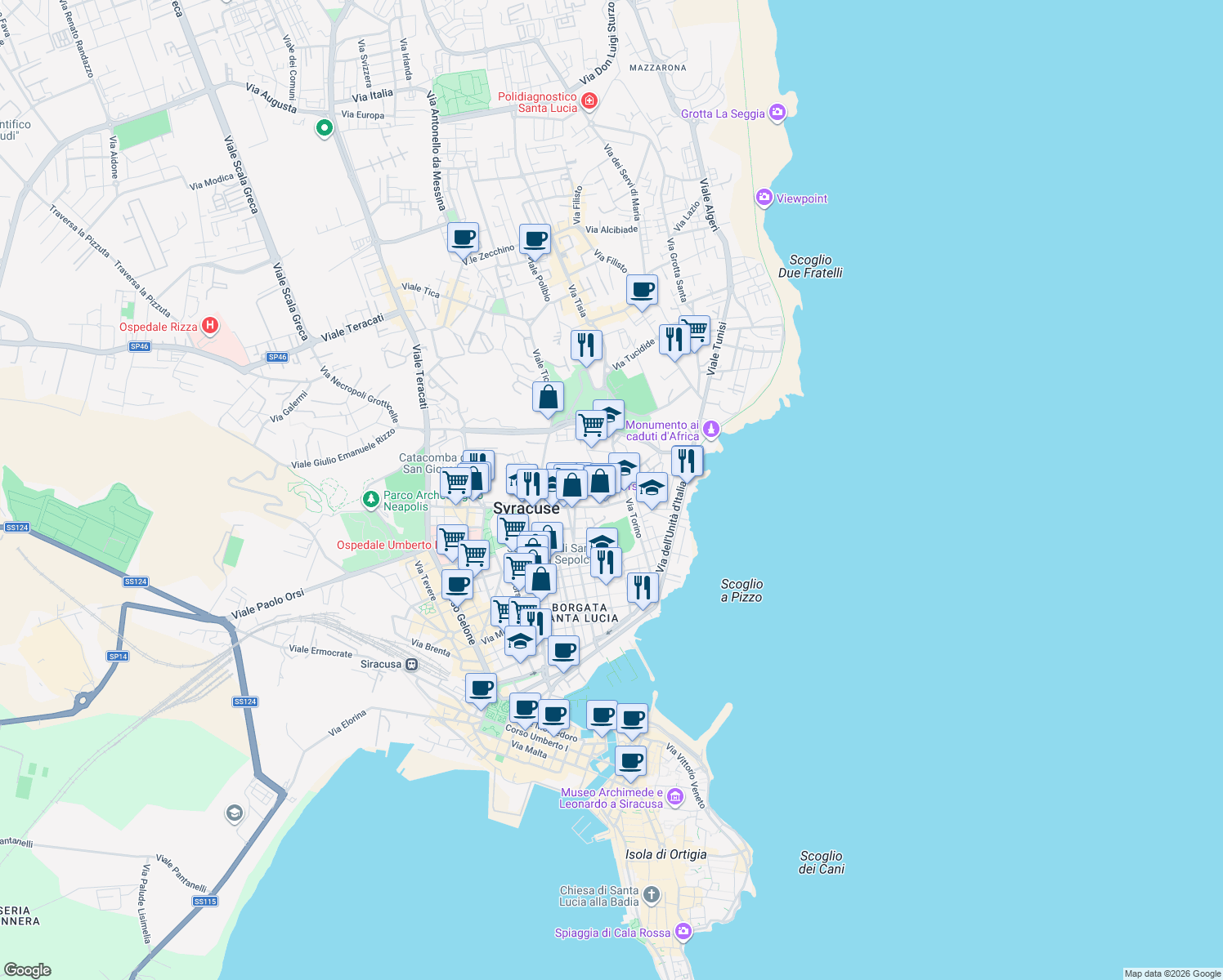map of restaurants, bars, coffee shops, grocery stores, and more near 32 Viale Teocrito in Syracuse