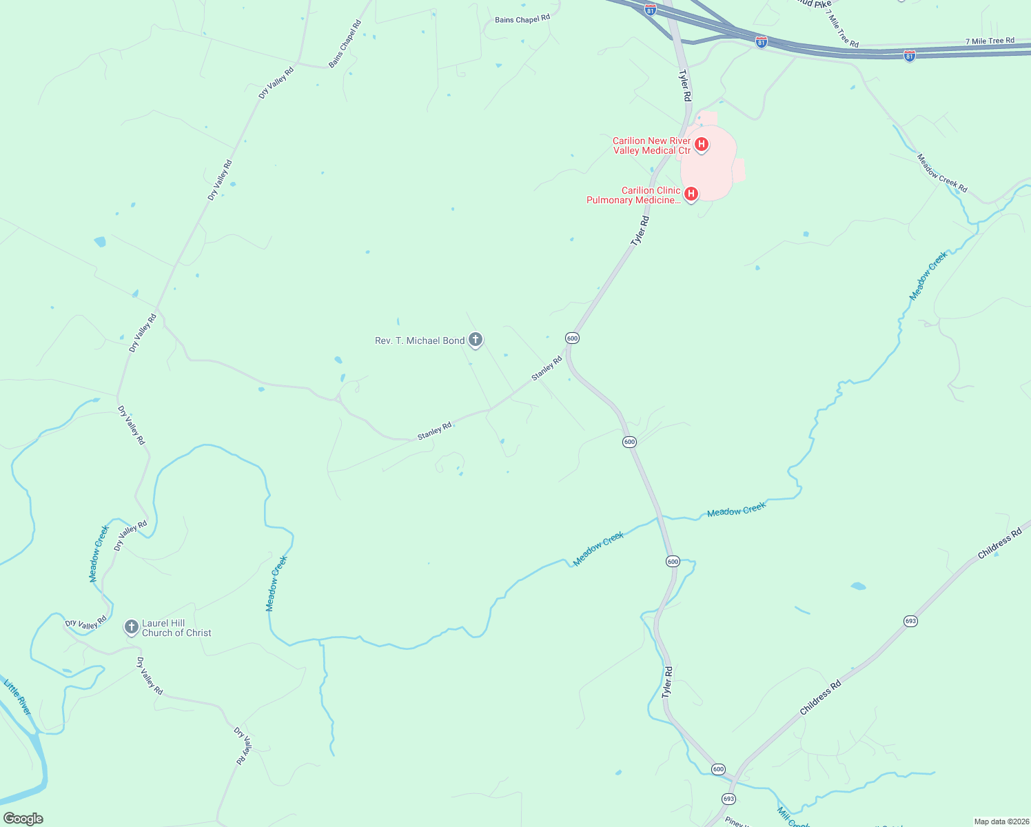 map of restaurants, bars, coffee shops, grocery stores, and more near 4075-4083 Stanley Road in Radford