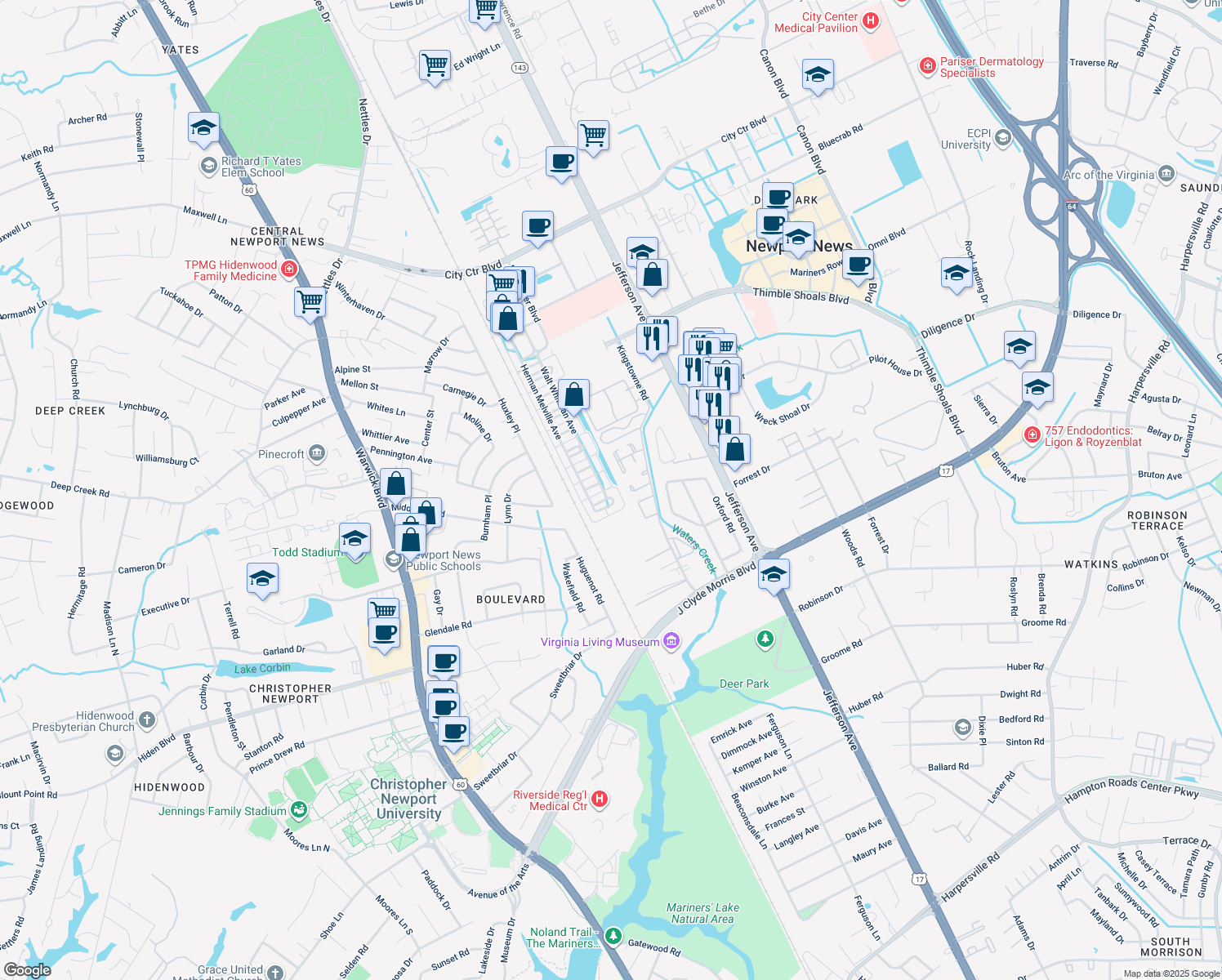 map of restaurants, bars, coffee shops, grocery stores, and more near 376 Walt Whitman Avenue in Newport News