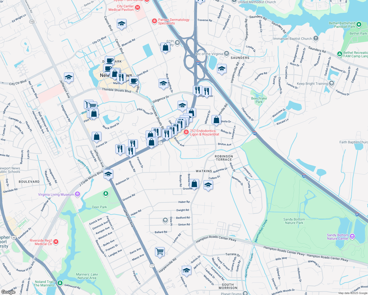 map of restaurants, bars, coffee shops, grocery stores, and more near 30 Bruton Ave in Newport News