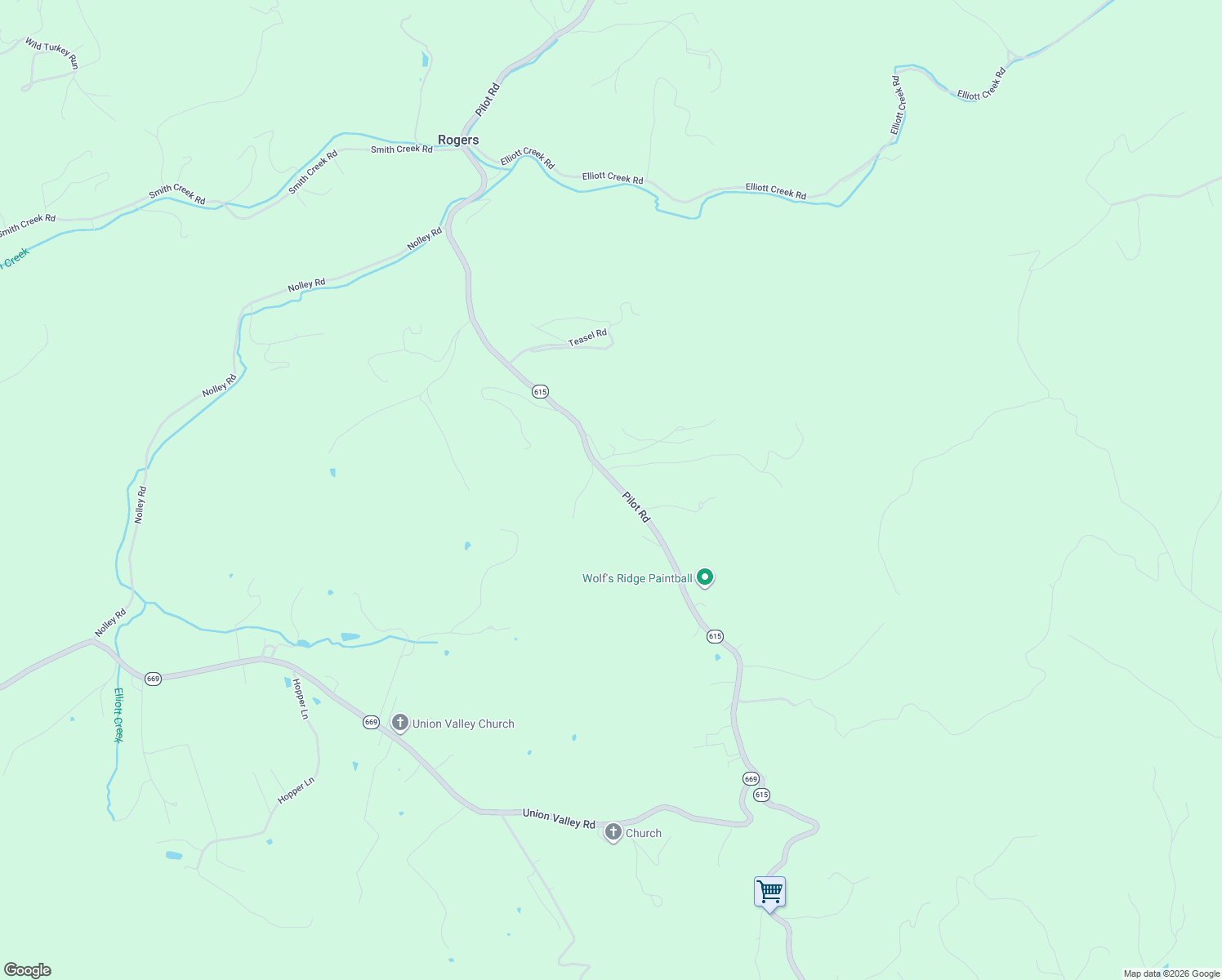 map of restaurants, bars, coffee shops, grocery stores, and more near 3817 Pilot Road in Riner