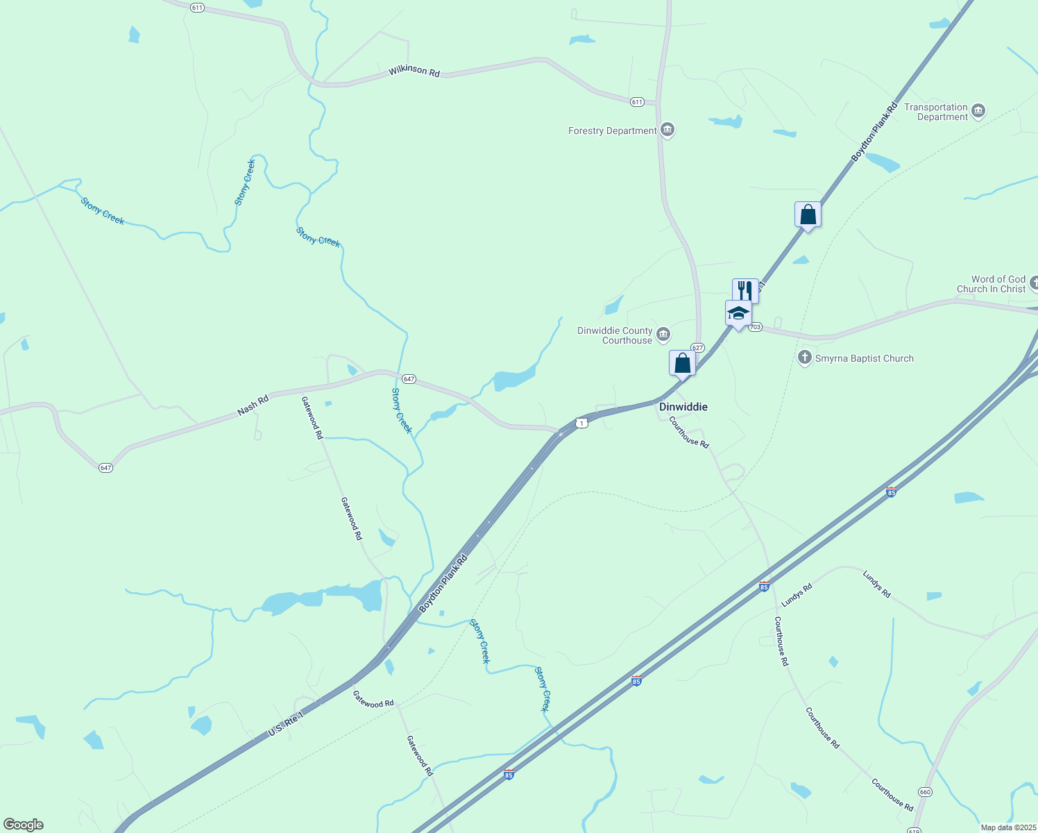 map of restaurants, bars, coffee shops, grocery stores, and more near 17904 Nash Rd in Dinwiddie