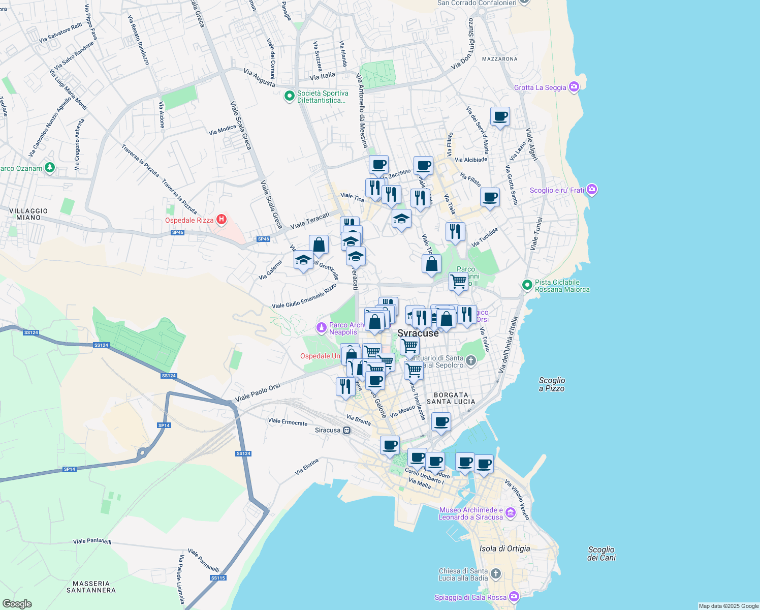 map of restaurants, bars, coffee shops, grocery stores, and more near 47 Via San Sebastiano in Siracusa